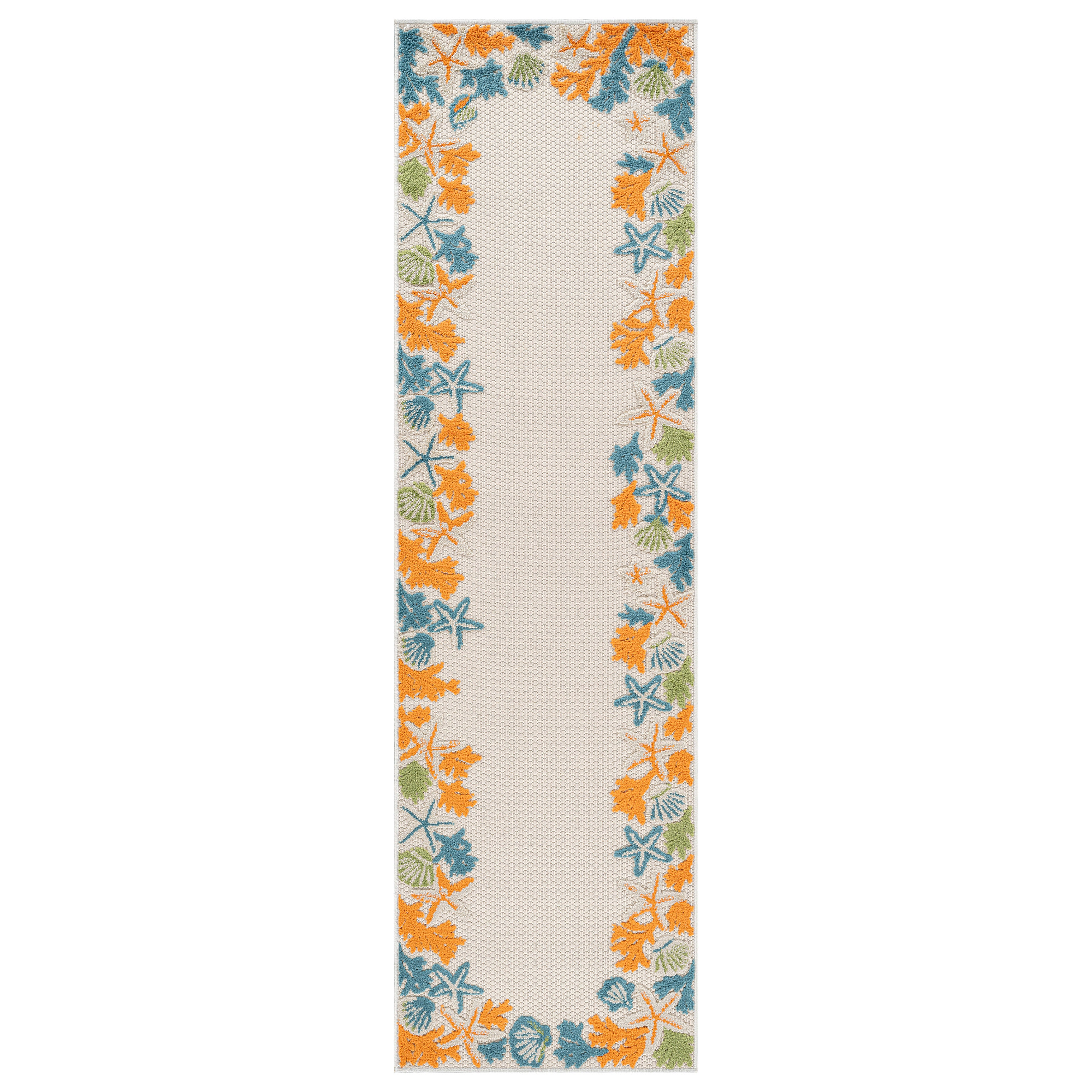 World Rug Gallery Indoor/Outdoor High-Low Textured Area Rug, Coastal Border Ivory/Multi, Easy-Clean Patio