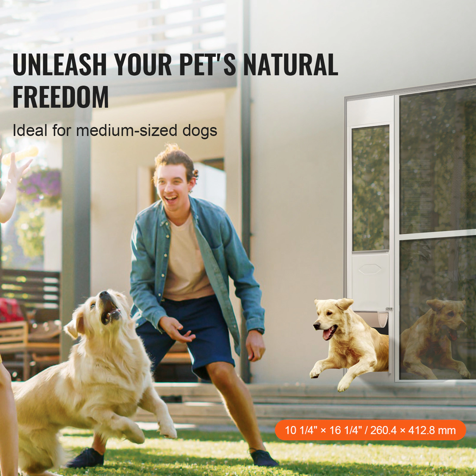 HONGGE Sliding Glass Dog Door for Medium Dogs, 10x16 Inch Flap, Aluminum Frame, Tempered Glass Window, Lock