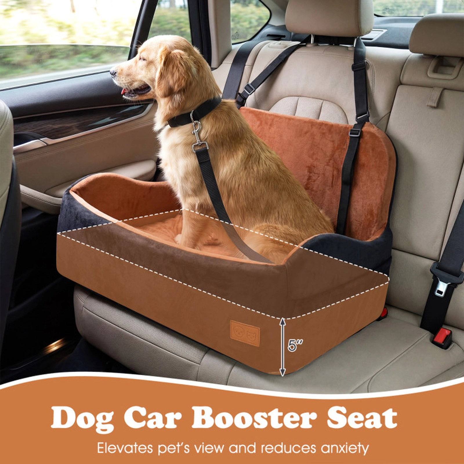 SUGIFT 32 x 21-in 55-lb Capacity Brown Elevated Foam Dog Booster Car Seat with 2 Safety Leashes and Side Pockets