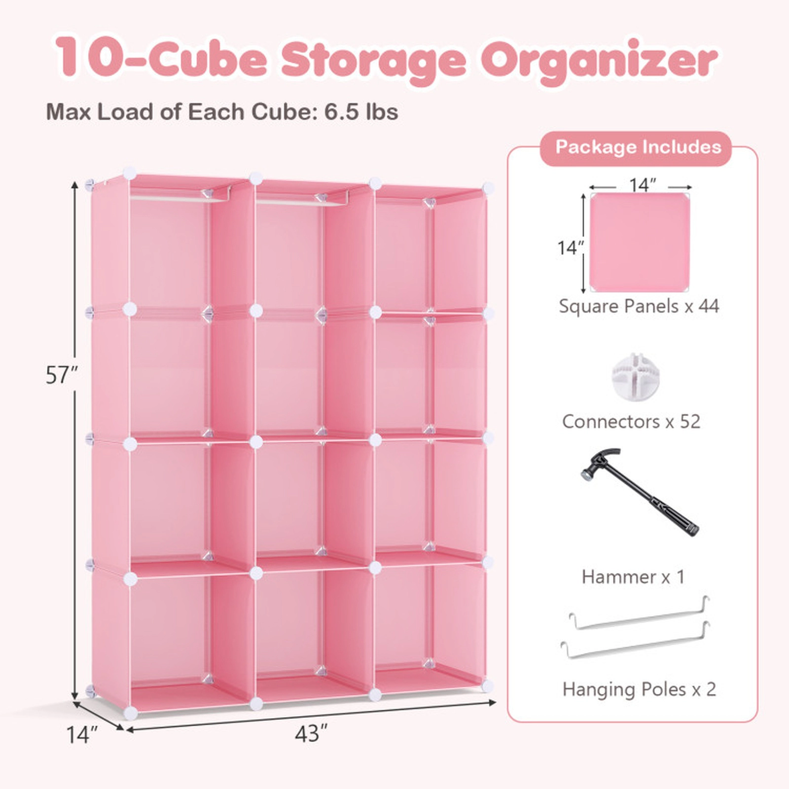 SUGIFT Kids 10-Cube Stackable Hanging Rod Modular Wardrobe Closet 43-in x 14-in x 57-in 6.5-lb per Cube Pink