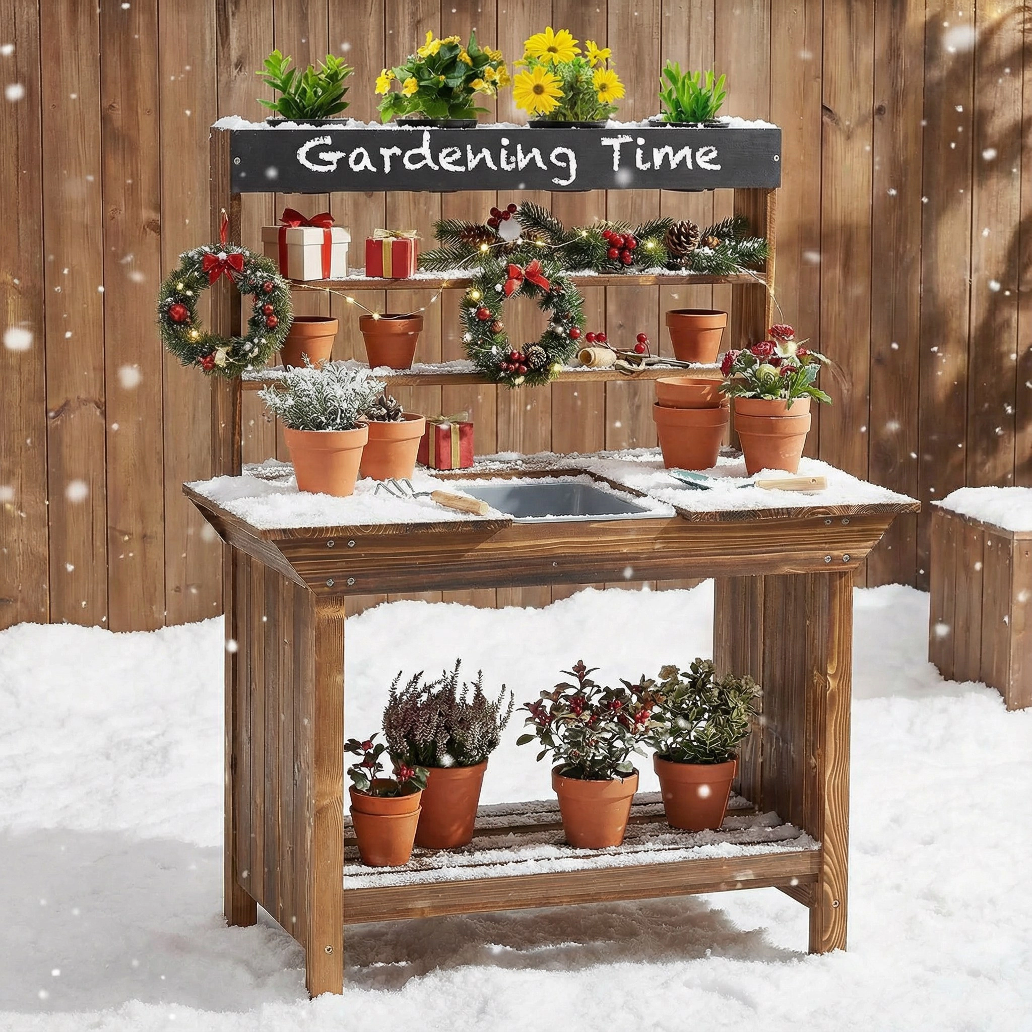 Hivvago Wooden Potting Bench Table Outdoor Mud Kitchen with Solid Fir Wood Frame
