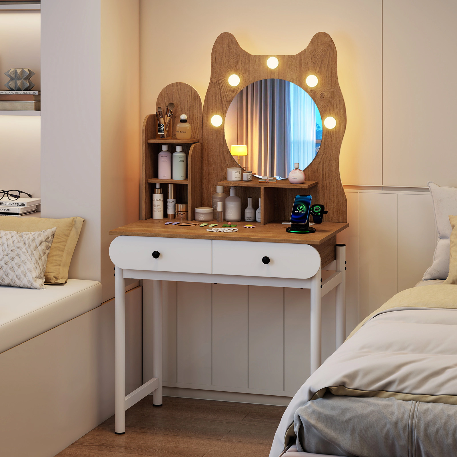 LJG Small Vanity Desk with Mirror and Lights Cute Kitty Makeup Table with Power Outlets