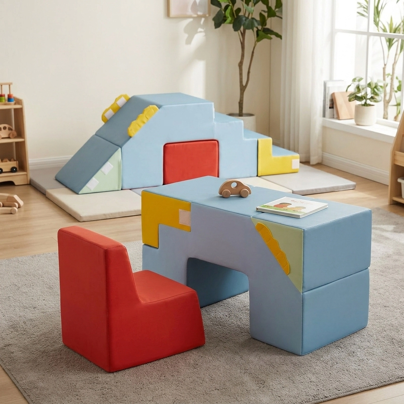 Kids Soft Foam Play Blocks Convertible Slide Crawl Tunnel Table Chair Set Machine-Washable Velvet Covers Ages 1+ Blue
