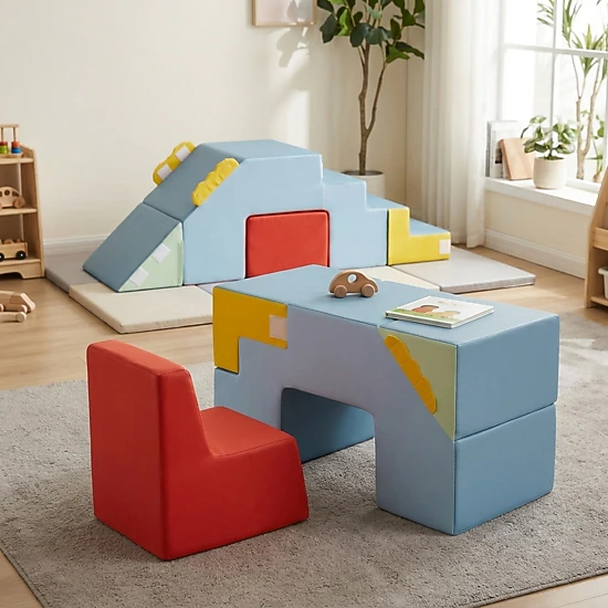 Kids Soft Foam Play Blocks Convertible Slide Crawl Tunnel Table Chair Set Machine-Washable Velvet Covers Ages 1+ Blue