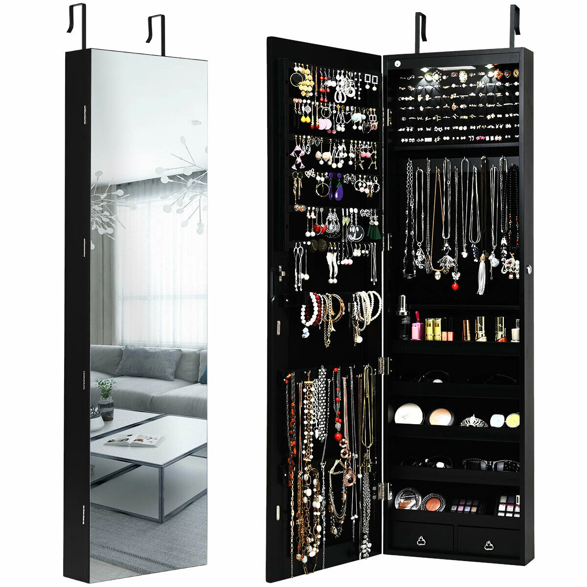 Glintex Mirrored Jewelry Armoire with 98 Ring Slots 36 Hooks and 2 Drawers