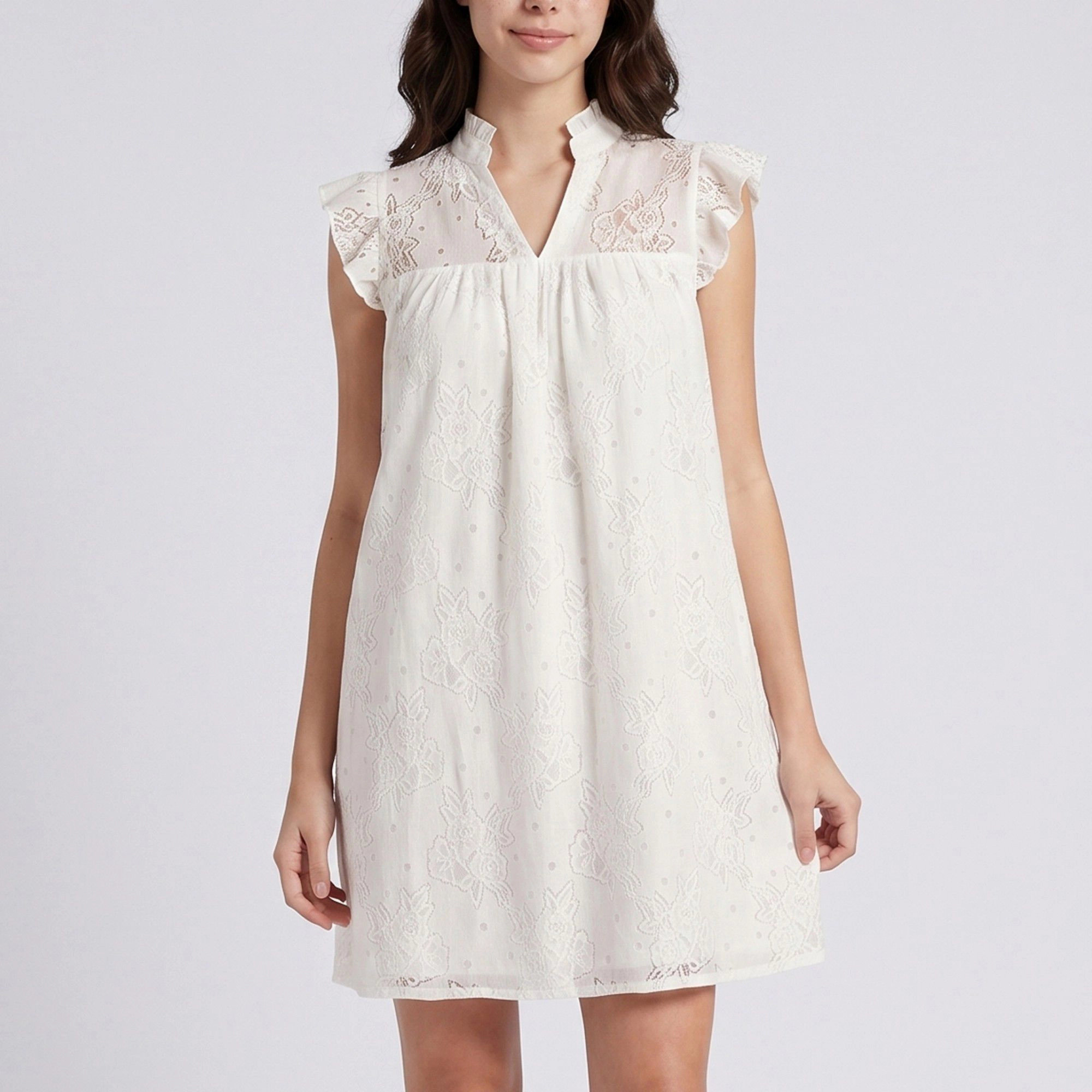 Anna-Kaci Women's Floral Lace Texture Ruffle Sleeve Split Neckline Gathered Yoke Shift Mini Dress