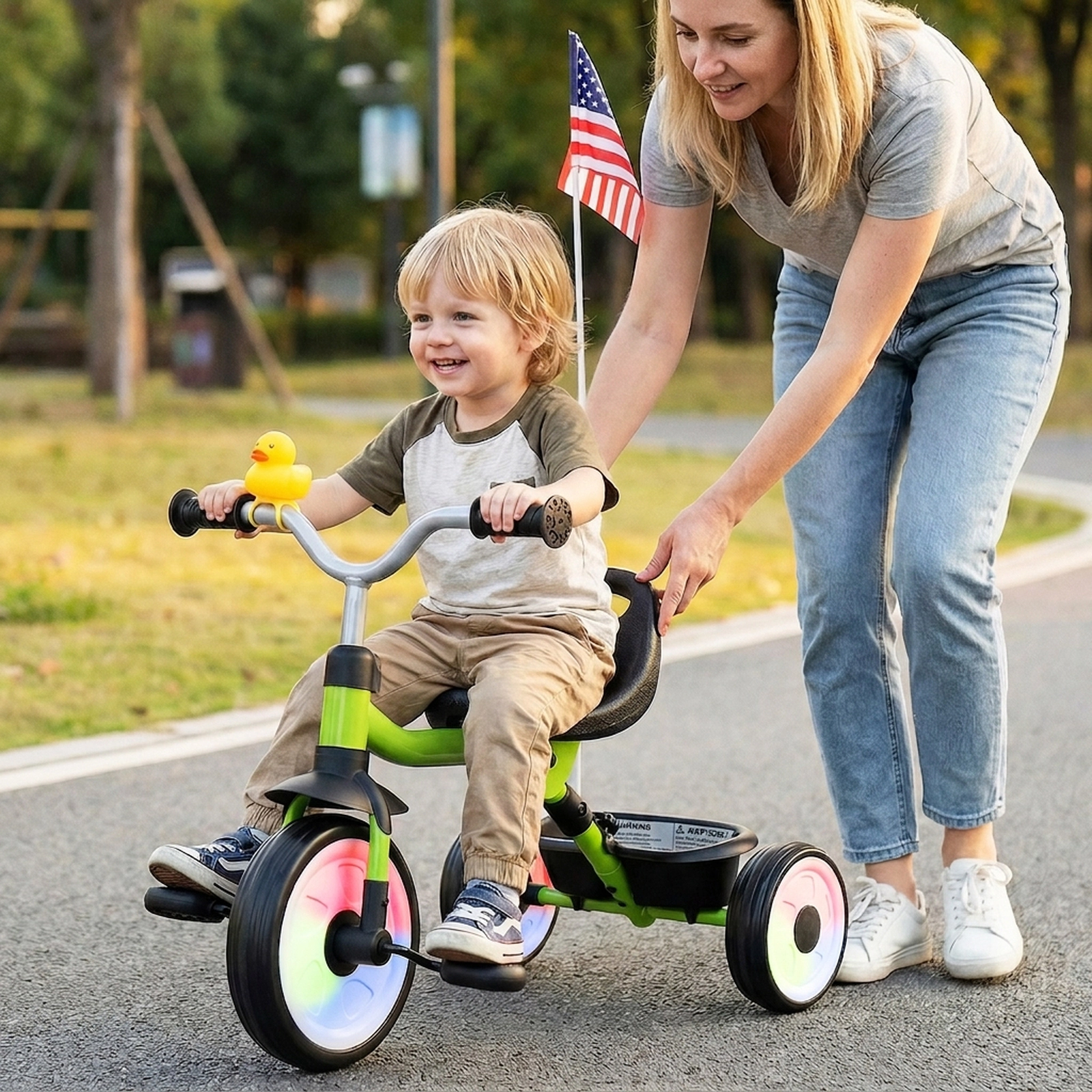 SUGIFT Folding Toddler Tricycle with 3-Position Seat Storage Basket and Lighted Wheels 45-lb Capacity Ages 1-3 Green