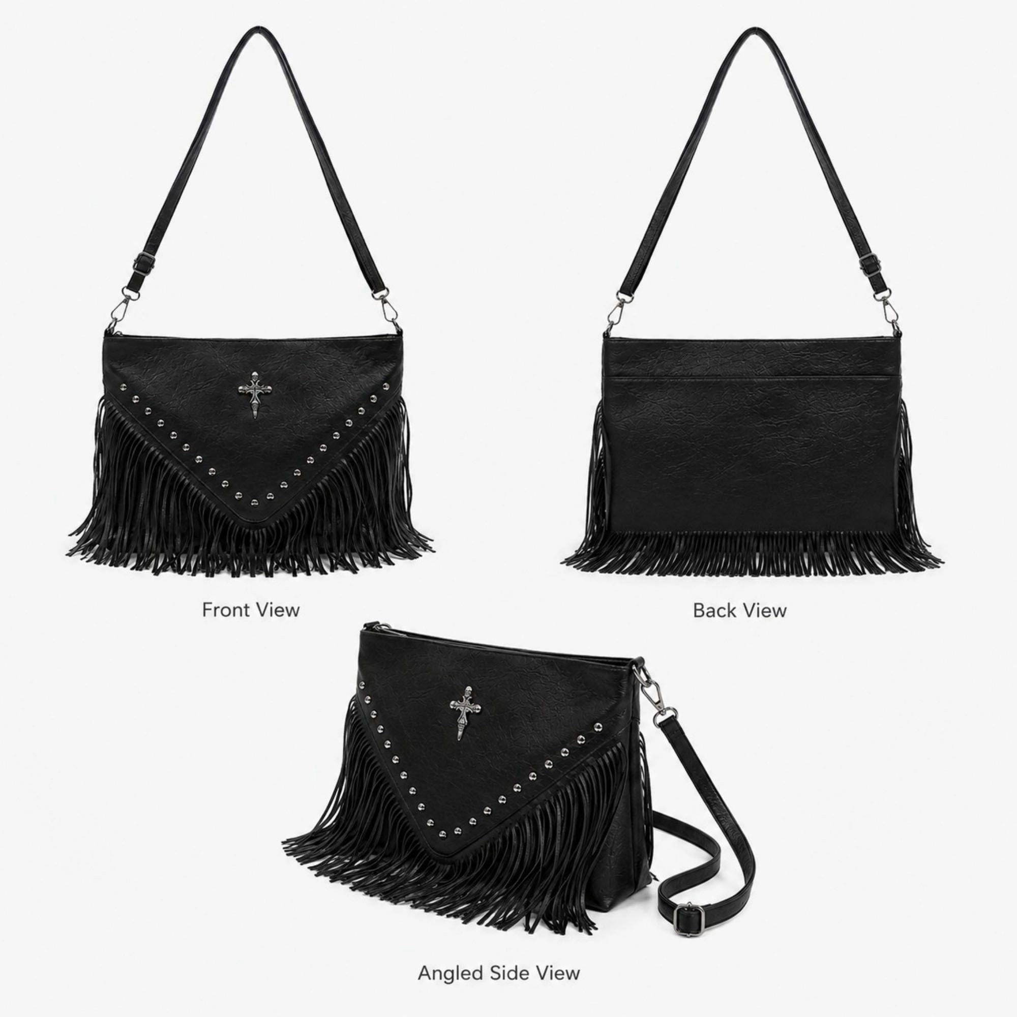 Alilang Women's Studded Fringe Shoulder Bag with Adjustable Strap and Zip Closure