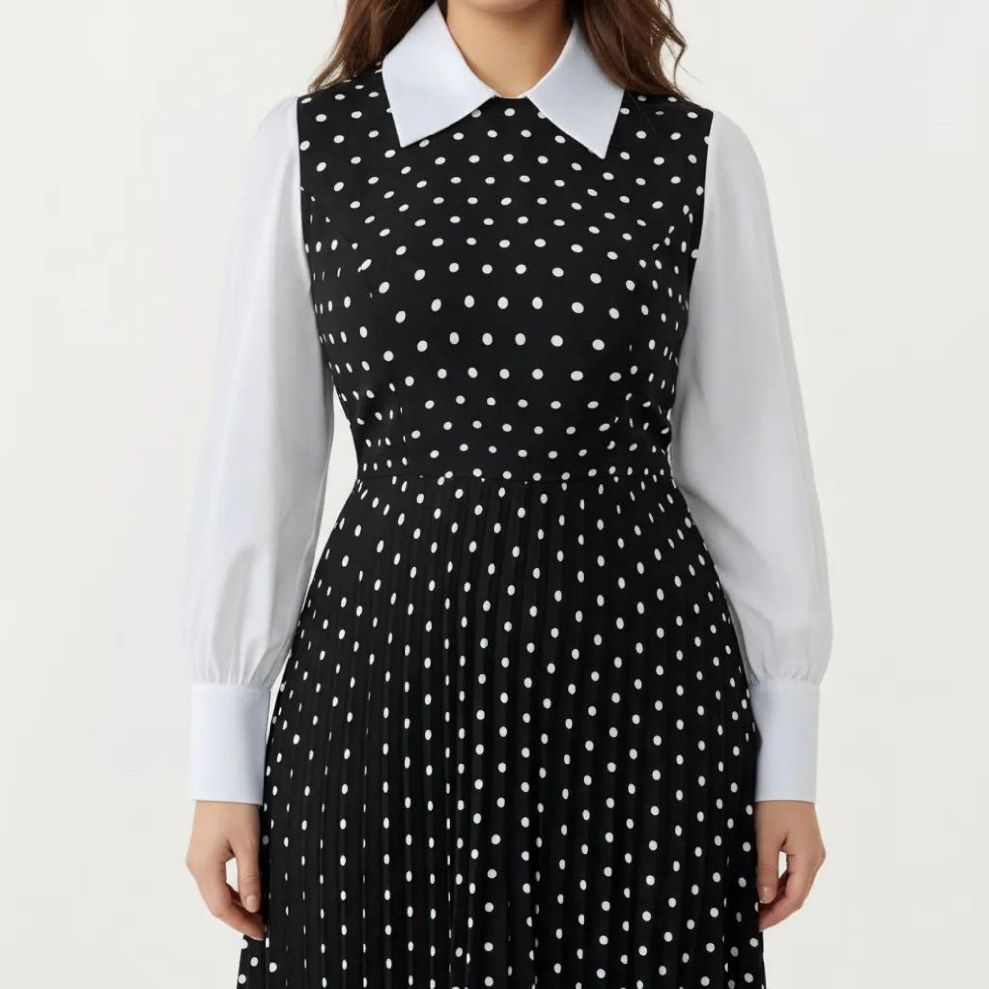 Anna-Kaci Women's Long Sleeve Polka Dot Collared Neck Contrast Detail Pleated Skirt Midi Dress