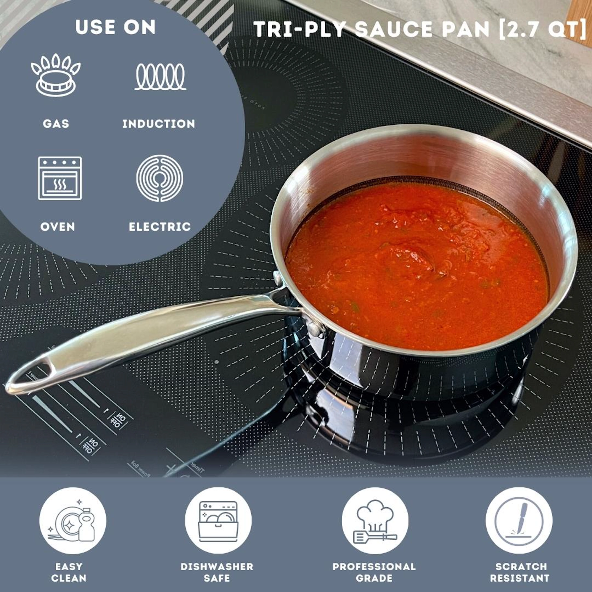 Lexi Home 2.7-Quart Tri-Ply Stainless Steel Saucepan, Induction & Oven Safe