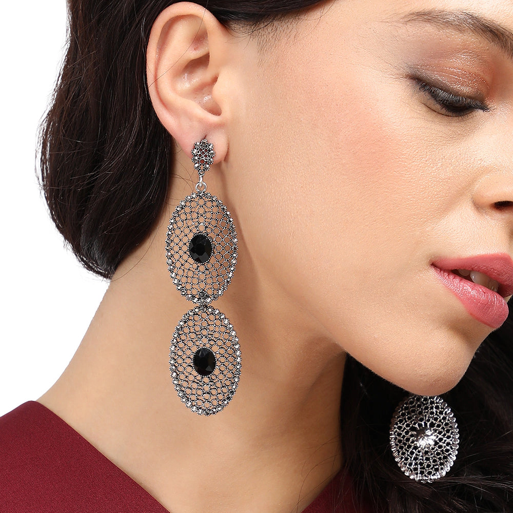 SOHI Women's Intricate Stone Oval Long Drop Earrings