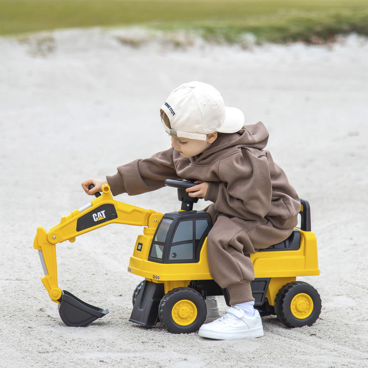 SUGIFT Yellow Under Seat Storage Kids Licensed Caterpillar Ride On Digger Foot to Floor