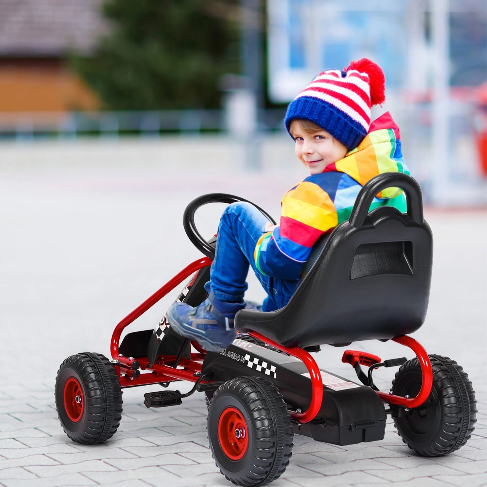 Kids Pedal Go Kart 4-Wheel Ride on Adjustable Seat Steering Wheel Hand Brake No Battery Needed Ages 3-6 66-lb Capacity