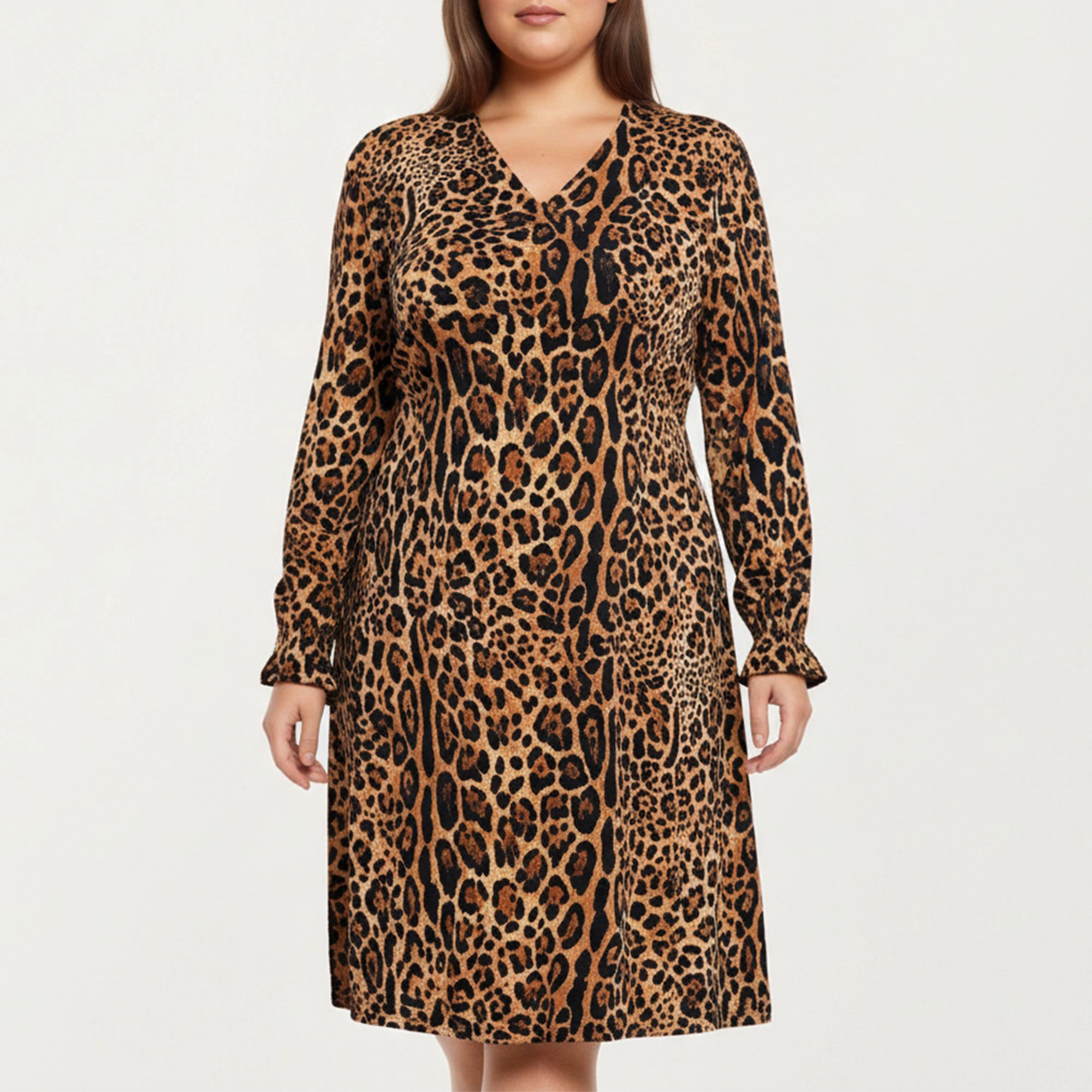 Anna-Kaci Women's Plus Leopard Print Long Sleeve V Neck Flattering Straight Silhouette Knit Dress