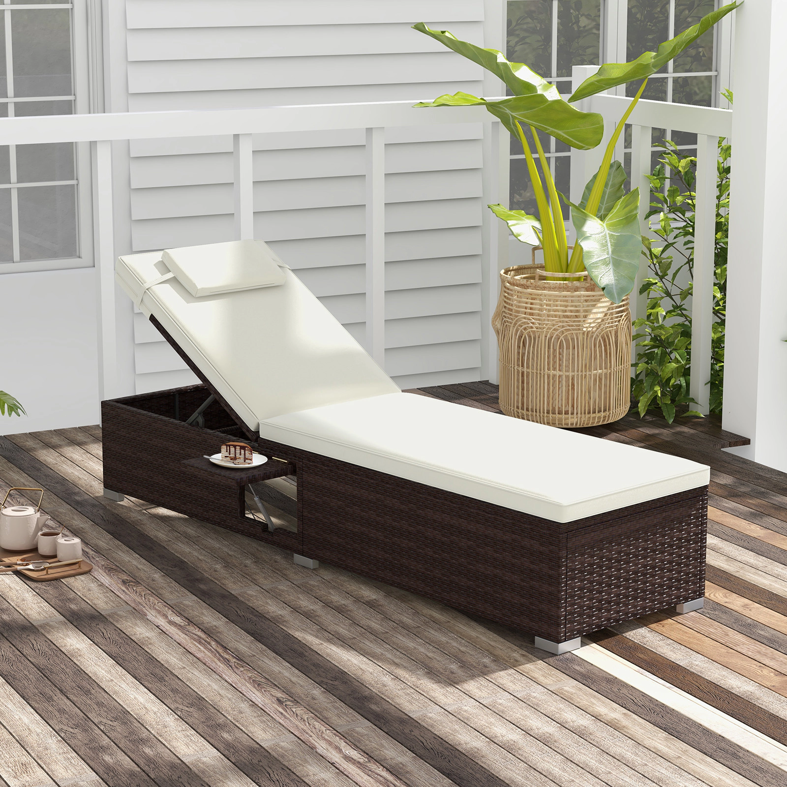 SUGIFT 400-lb Capacity Off White 6-Level PE Rattan Wicker Outdoor Chaise Lounge with Foldable Side Table