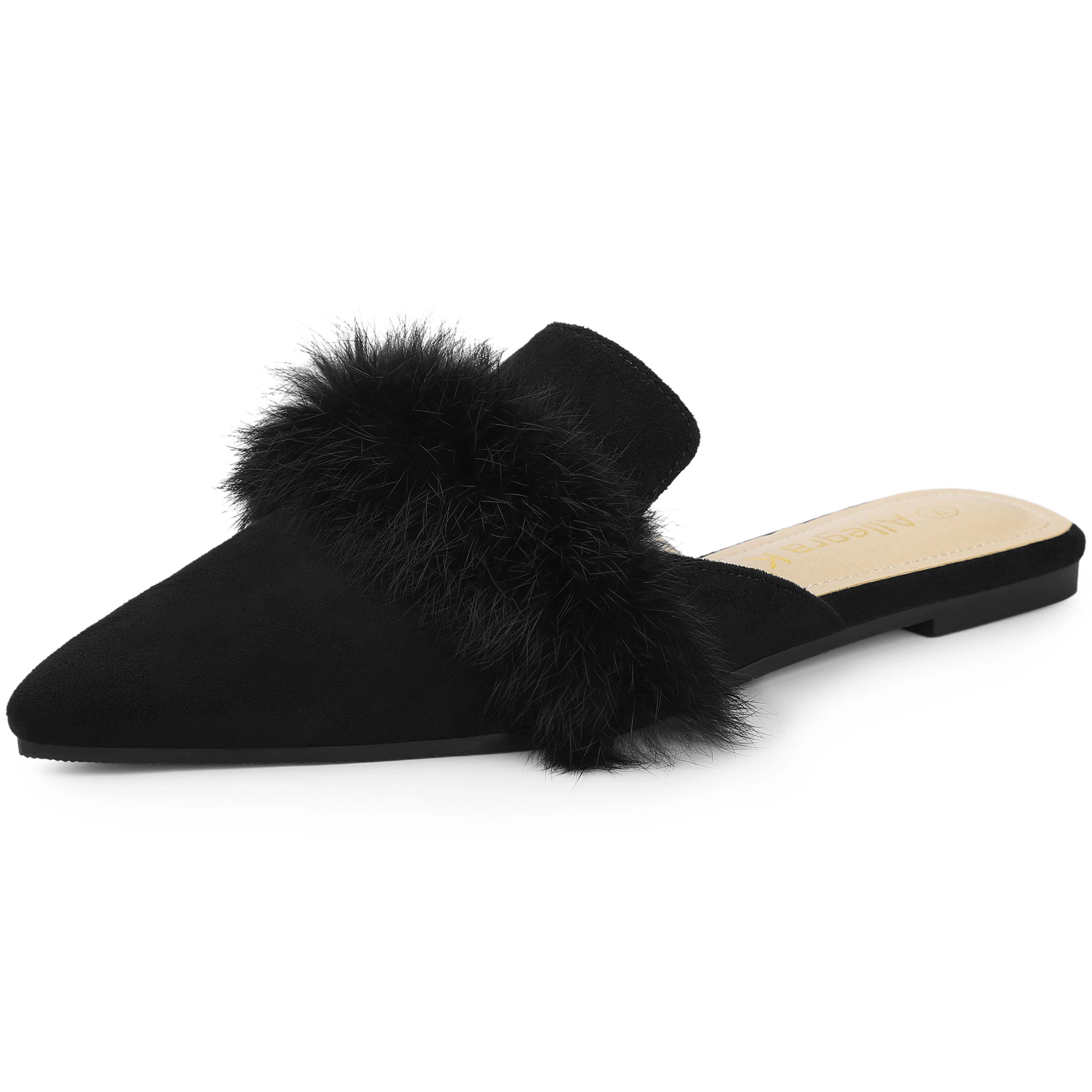 BLISSFUL STEP Women's Faux Suede Fur Pointed Toe Slip-on Flat Slide Mules