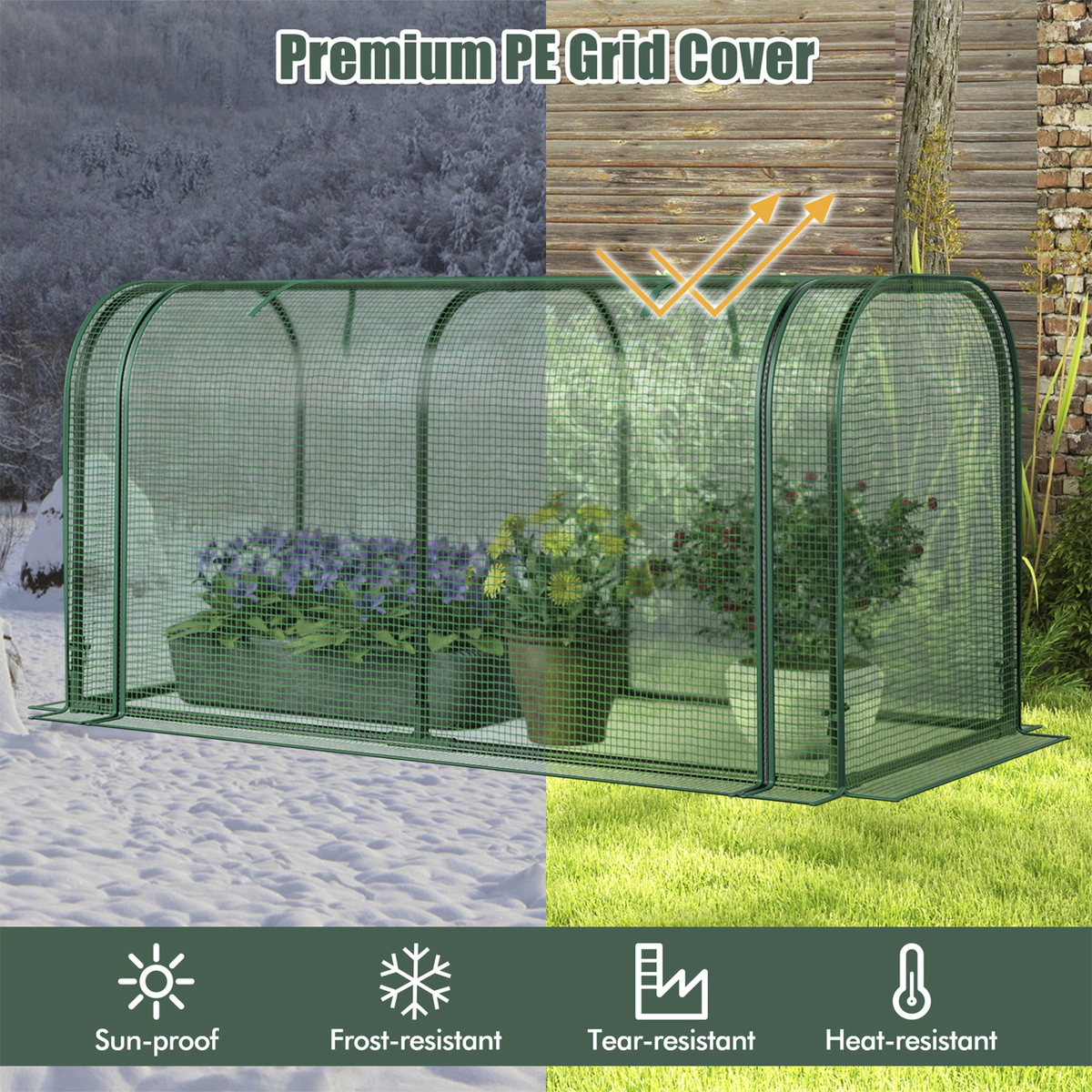 SUGIFT Mini Tunnel Greenhouse Roll-Up Zipper Door PE Cover Metal Frame Ground Stakes 47 x 22 x 24-in Green/White