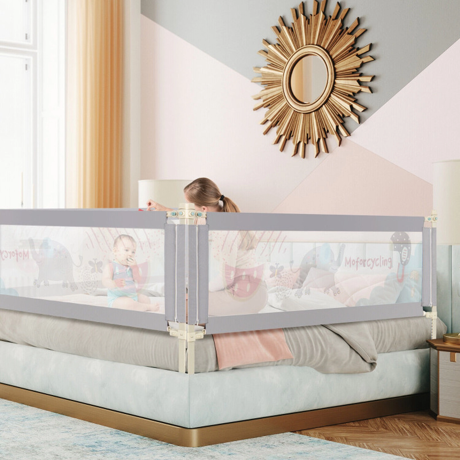 SUGIFT Toddler Vertical Lifting Double Lock 24 Adjustable Heights Mesh Baby Bed Rail 77-in x 10-in x 40-in Gray