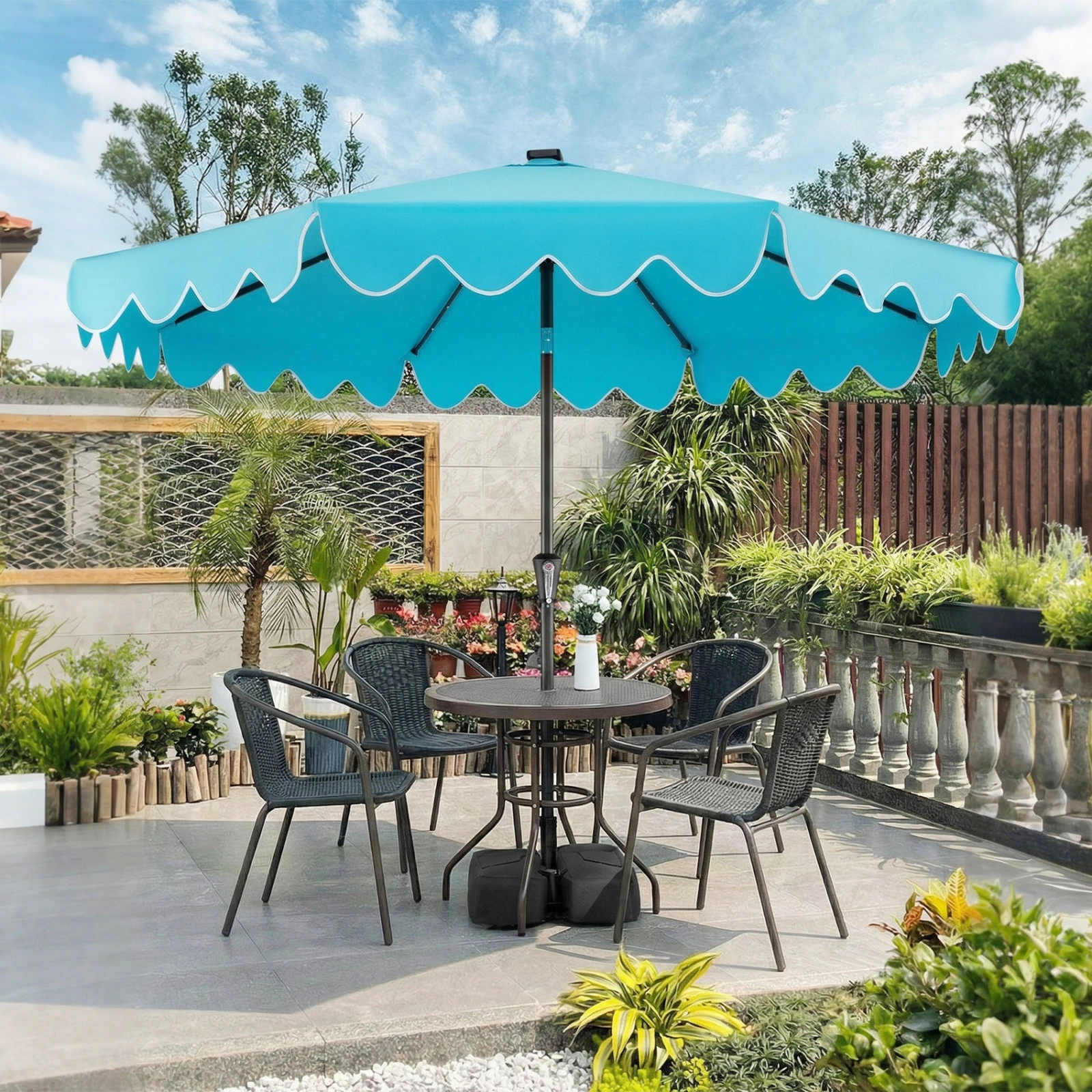 SUGIFT Turquoise 9 ft Outdoor Patio Umbrella with 32 Solar LED Lights and Sandbags