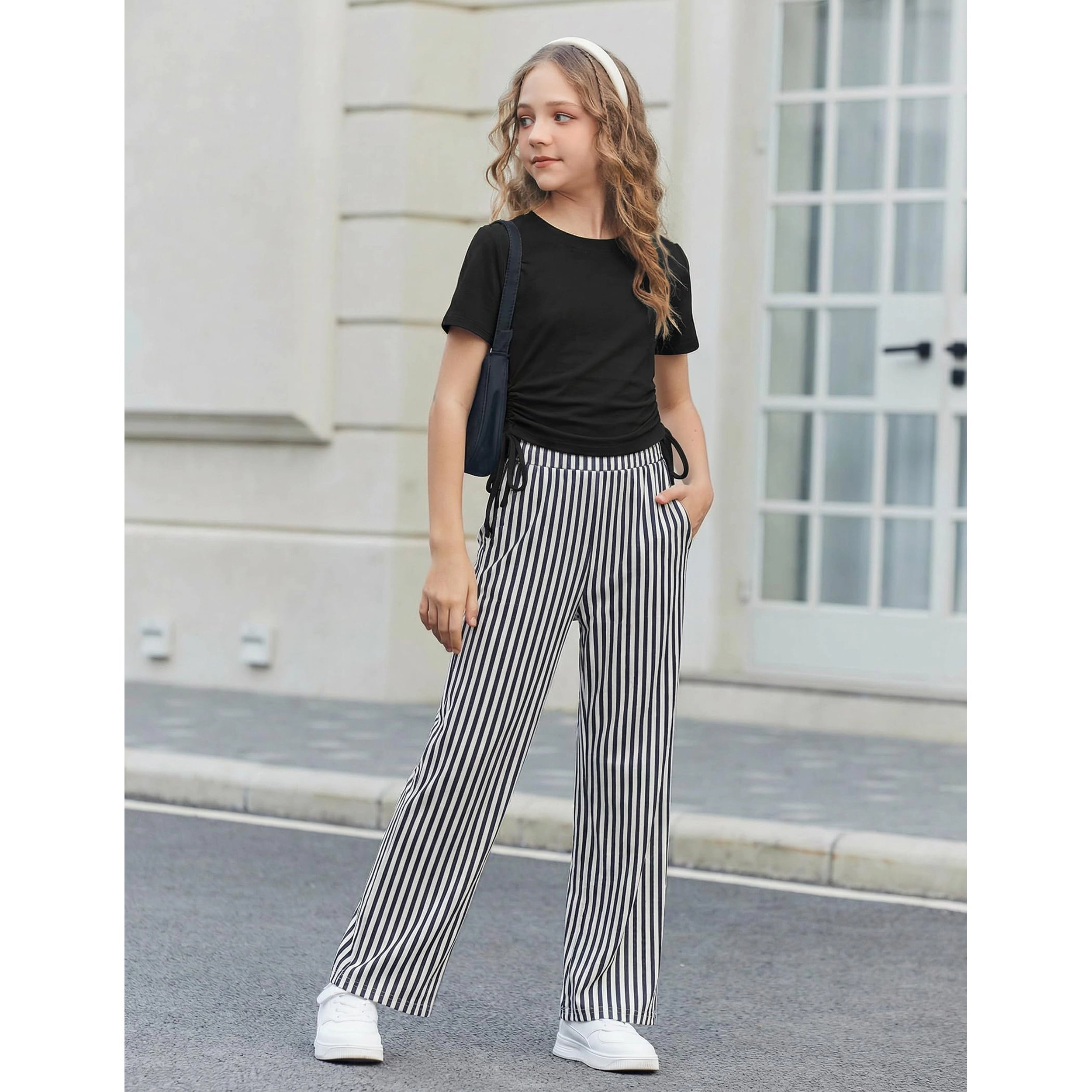 Arshiner Girls Clothing Sets Short Sleeve Side Drawstring Tops And Heart Print Wide Leg Pants