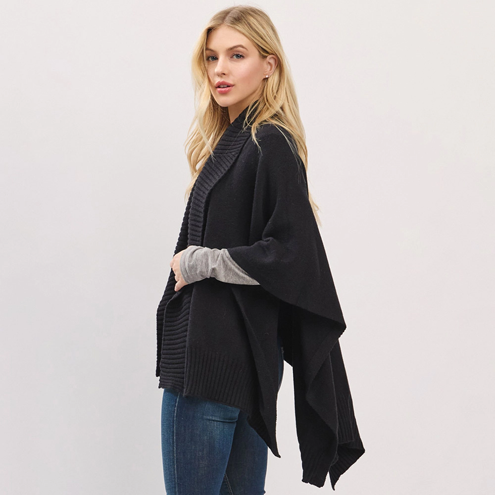 Truedames Women Ribbed Trim Open Front Soft Knit Shawl Cape Poncho