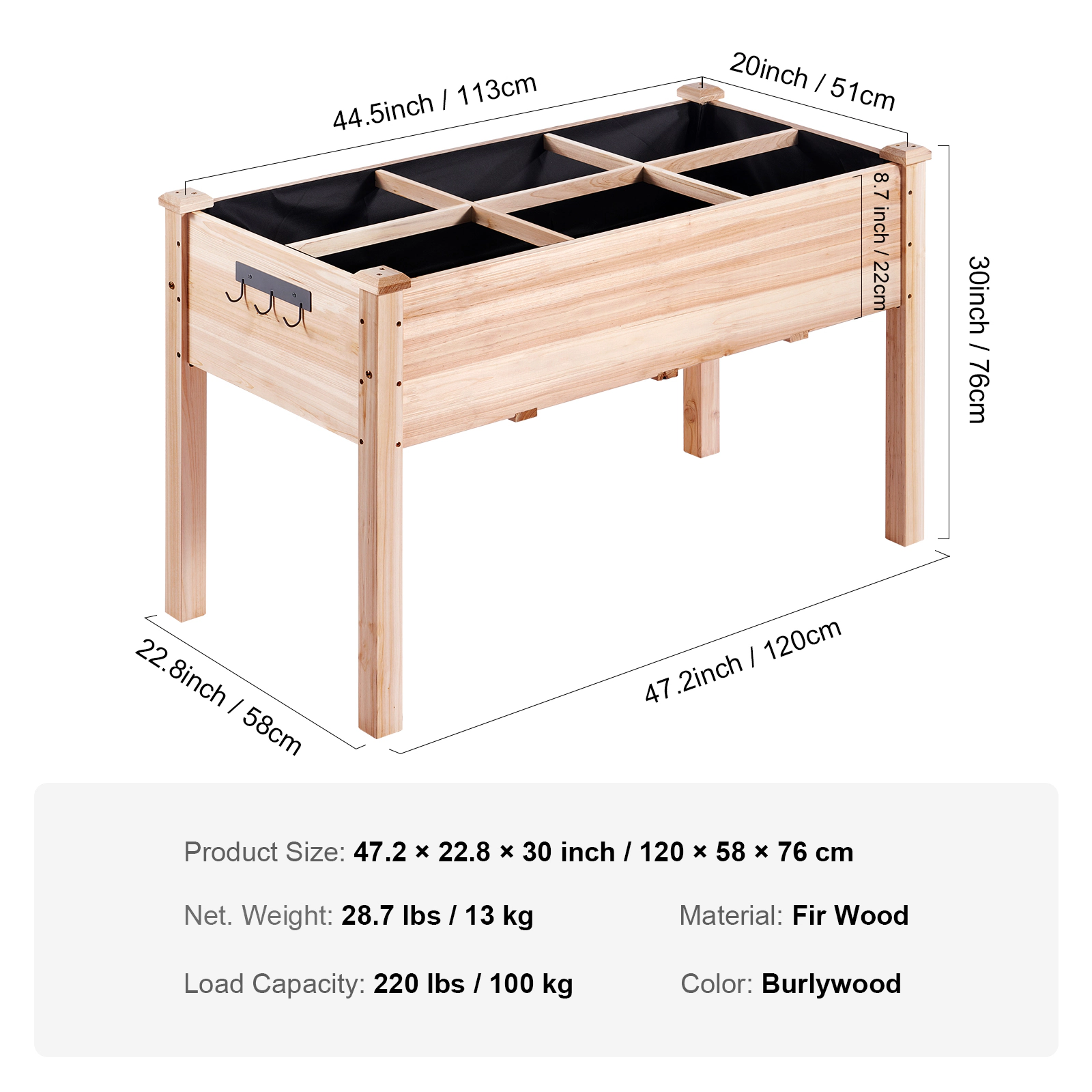 HONGGE 3.9x1.9x2.5 Ft Wooden Raised Garden Bed with Legs, Fir Wood Planter Box, Holds up to 220 lbs