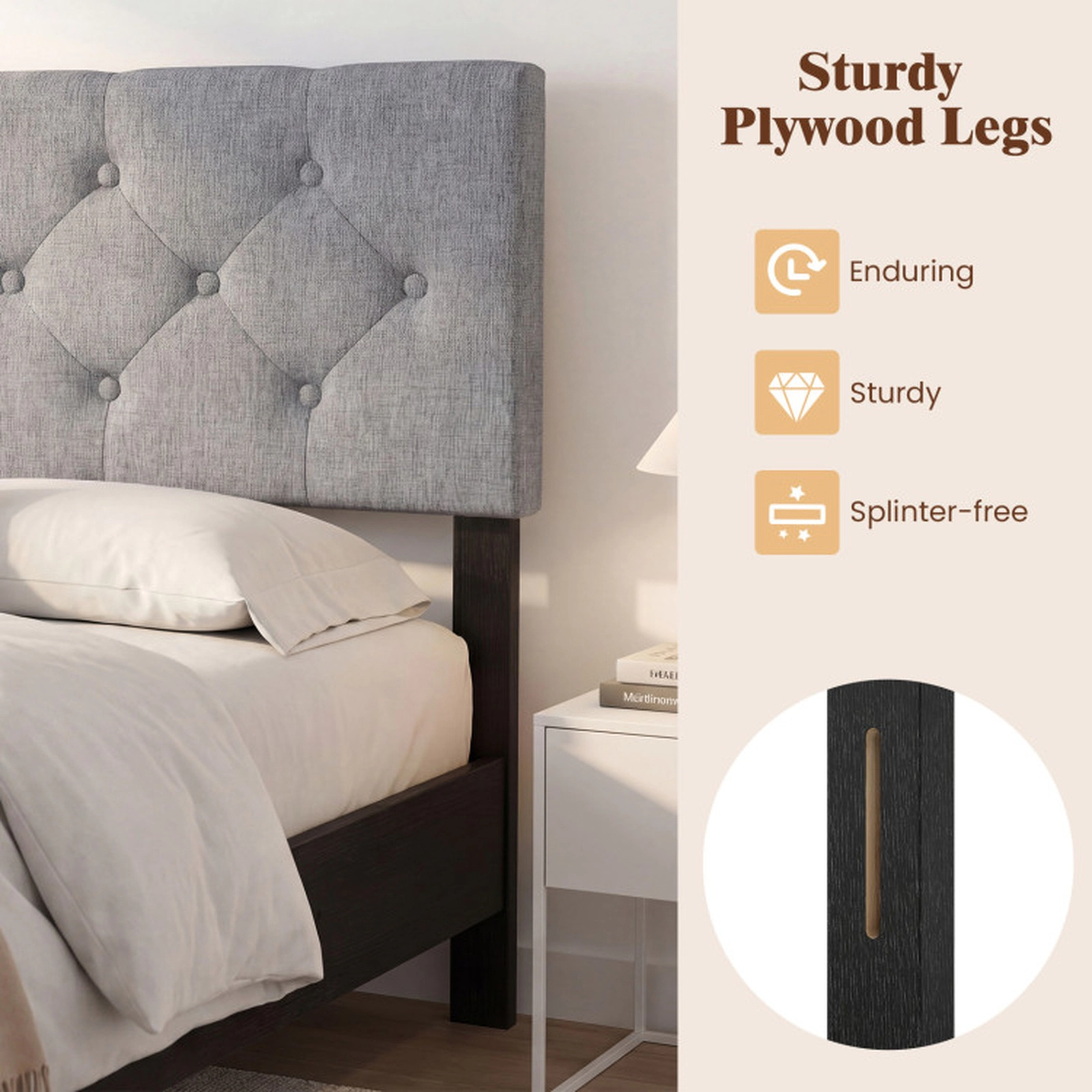 SUGIFT Tufted Faux Linen Panel Headboard for Full/Queen Beds 47-in Tall 63-in Wide Adjustable 55-in Leg Width Beige