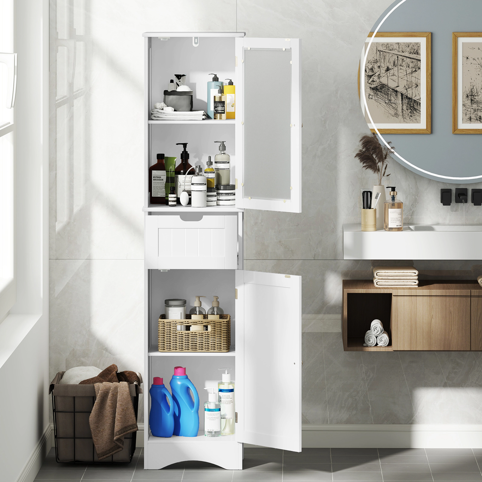 SUGIFT Tall 2-Door Drawer Tempered Glass Bathroom Floor Storage Cabinet 16-in x 12-in x 67-in 33-lb per Shelf White