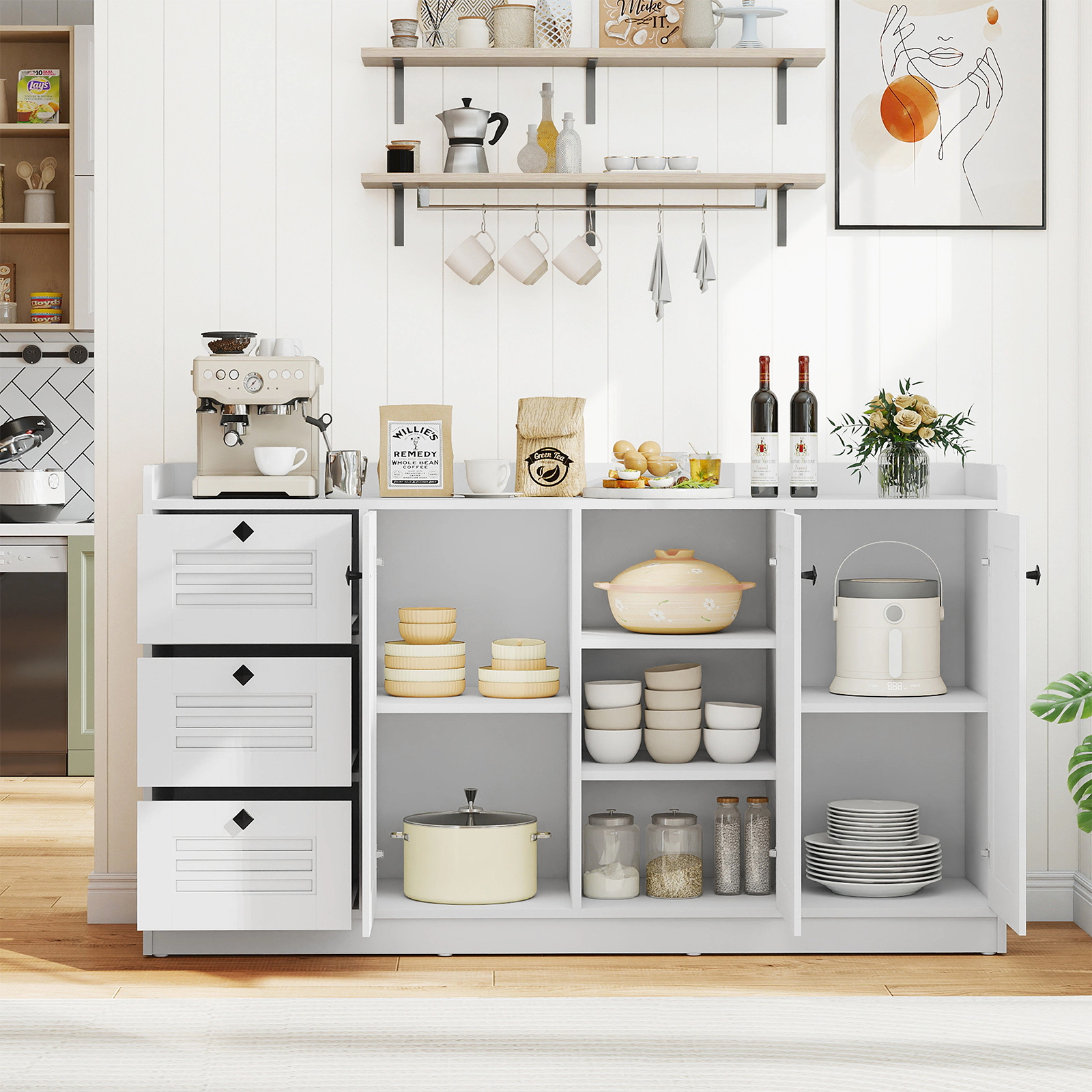 SUGIFT 63-in 165-lb Countertop White Buffet Cabinet Sideboard with 3 Shutter Doors and 3 Drawers