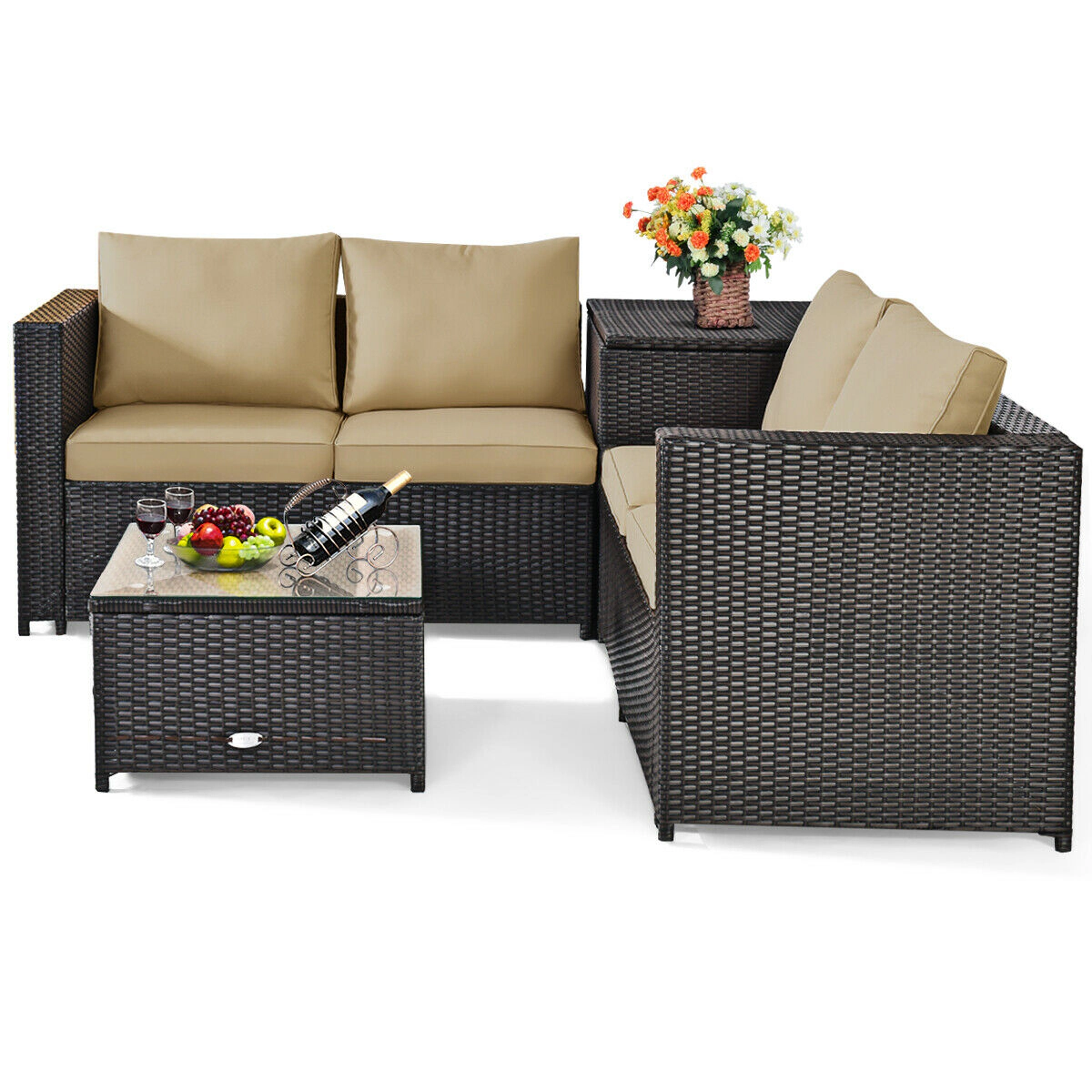 SUGIFT 4-Piece Brown Rattan Patio Set with Loveseat, Glass Coffee Table and Storage Table