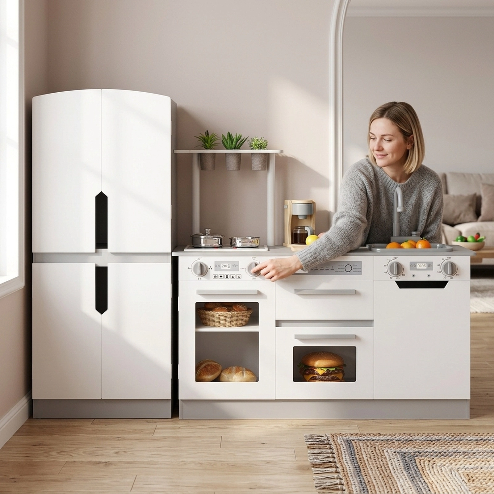Wooden 2-pc Kids Kitchen Playset Fridge Running Water Lights and Sounds 3 Planting Pots 35.5-in Ages 3+ Gray