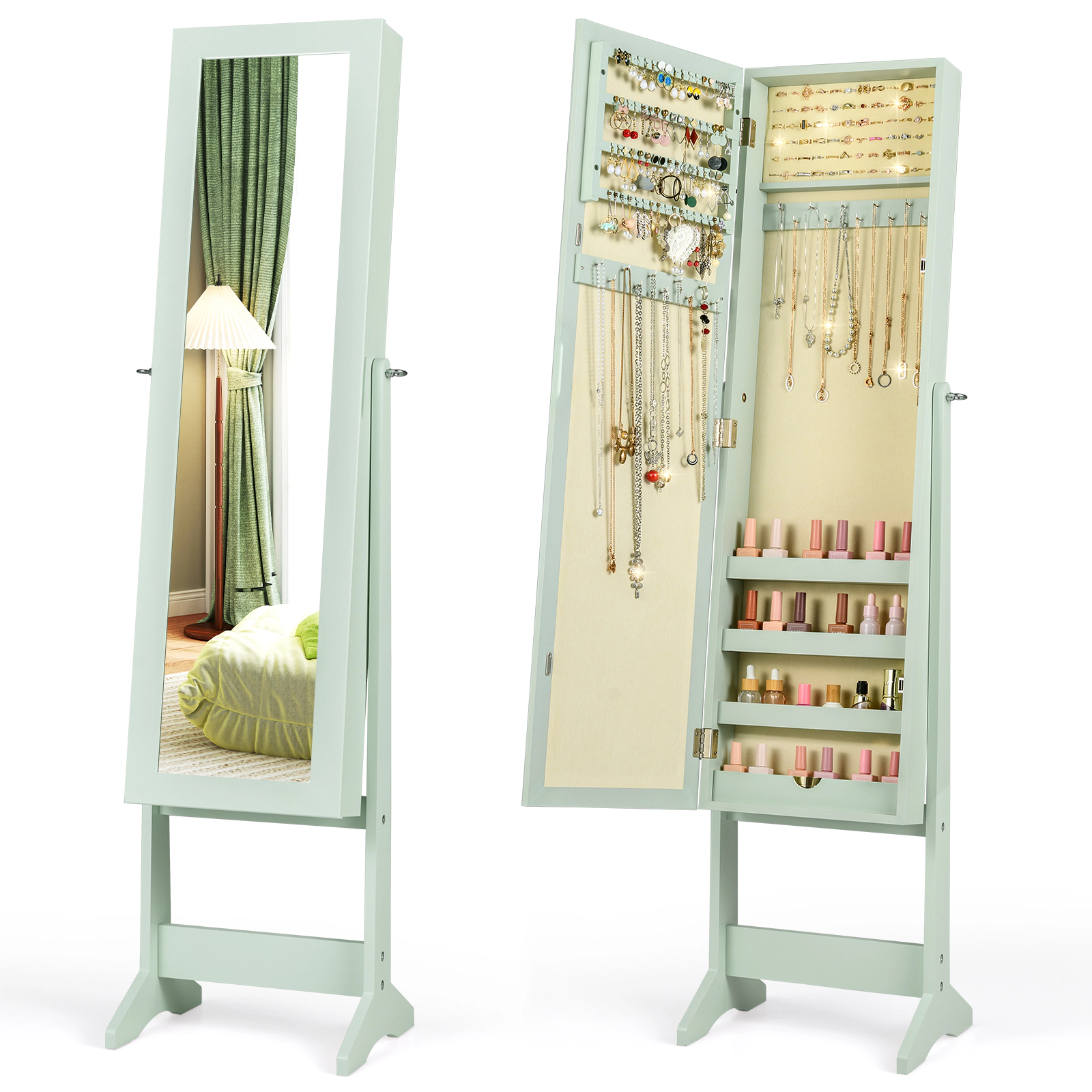 SUGIFT Freestanding Mirrored Standing Jewelry Cabinet Storage Box with Solid MDF Frame 56-in Tall Large Capacity Green