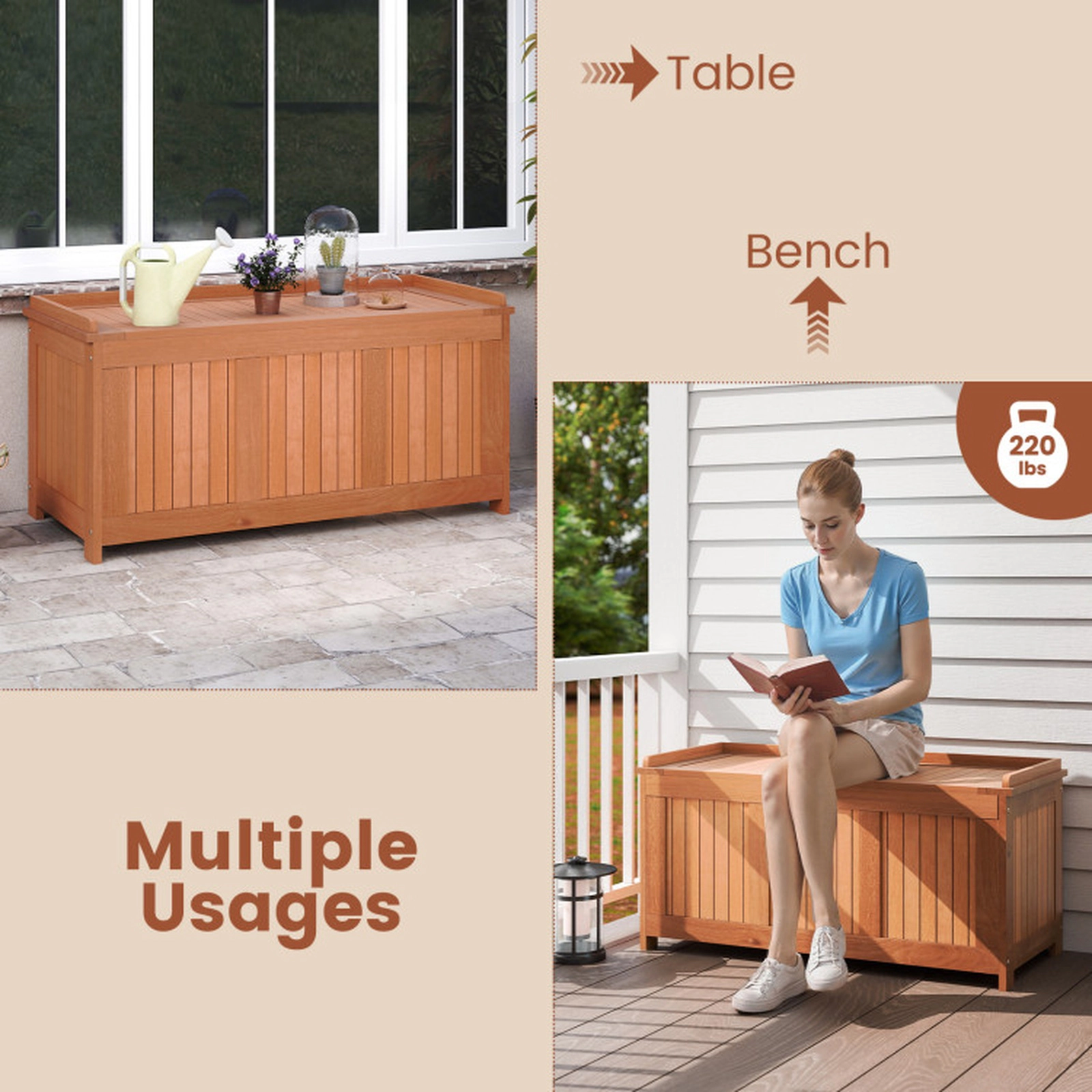 SUGIFT 52-Gallon 3-in-1 Solid Wood Patio Deck Storage Box and Coffee Table 220-lb Top 110-lb Bottom Capacities Teak