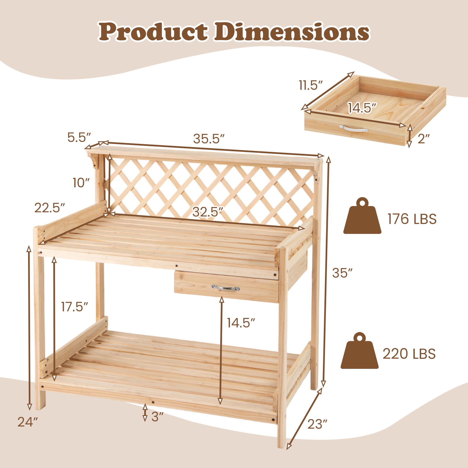 LJG Garden Potting Bench Table Wooden Planting Workstation with Lattice Trellis