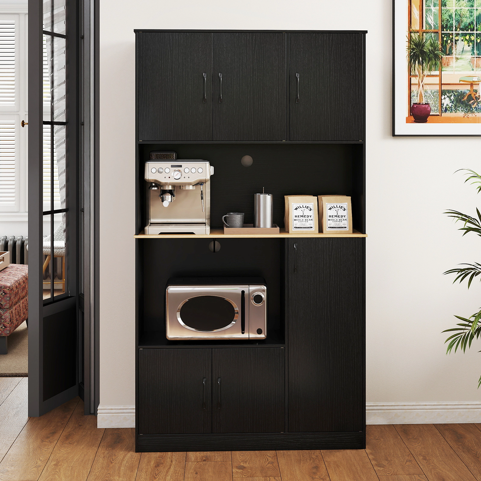 LJG 71" Tall Kitchen Pantry Cabinet with Charging Station Wooden Buffet Cupboard Sideboard