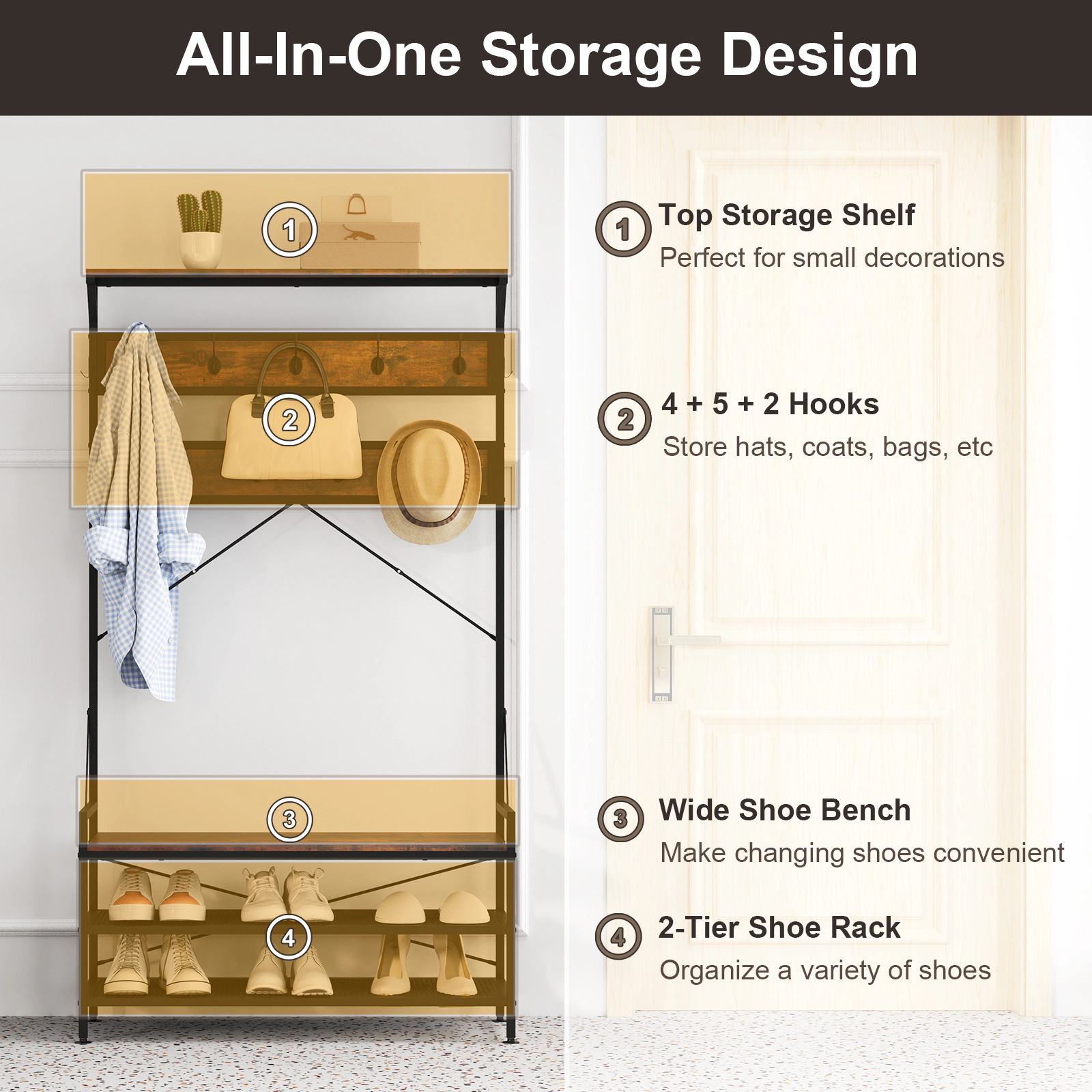 SUGIFT 72.5-in 4-in-1 Entryway Hall Tree with Coat Rack 11 Hooks Storage Shoe Bench and 2-Tier Rack