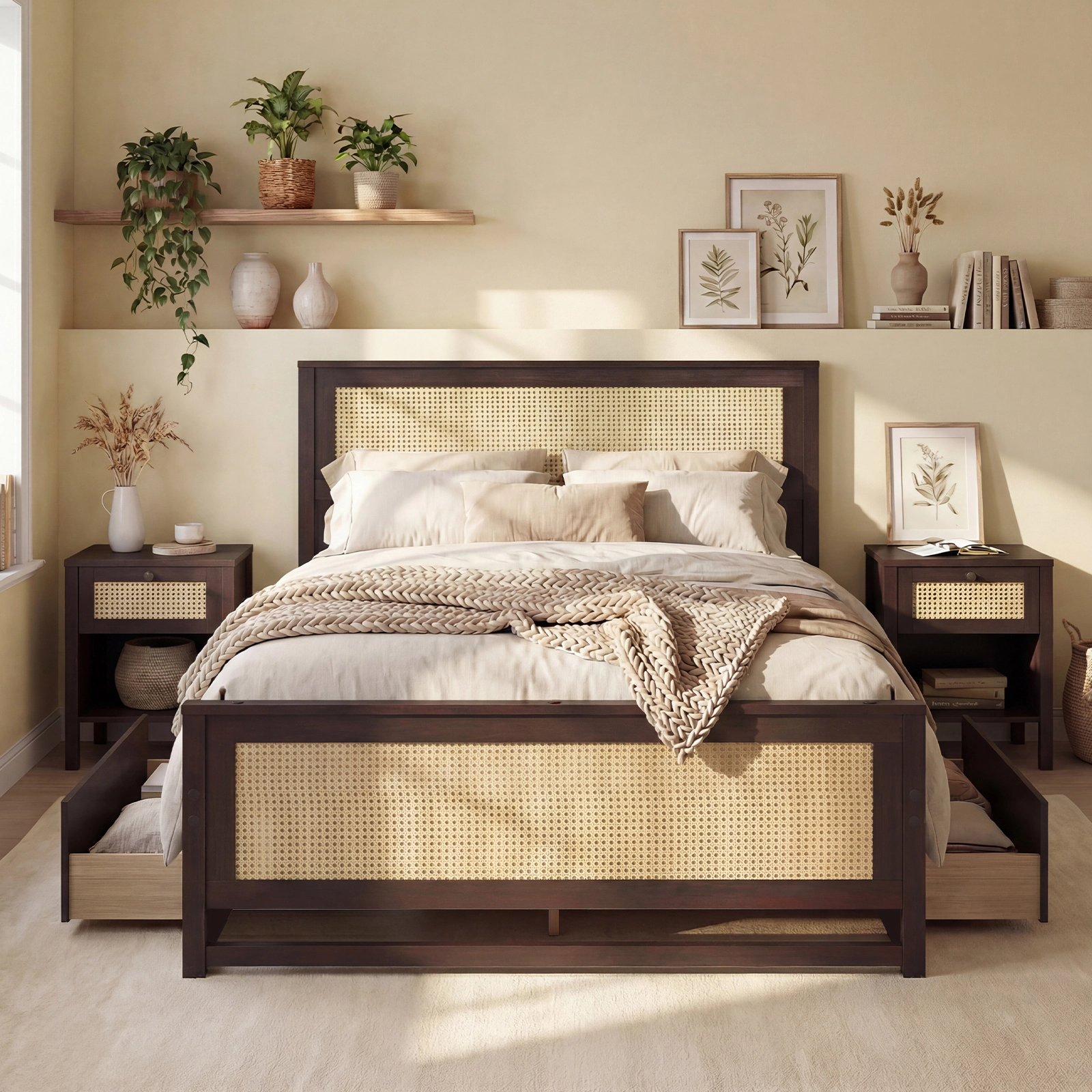 SUGIFT Full Rattan Platform Bed with Woven Boho Headboard and 2 Storage Drawers, Rustic Brown