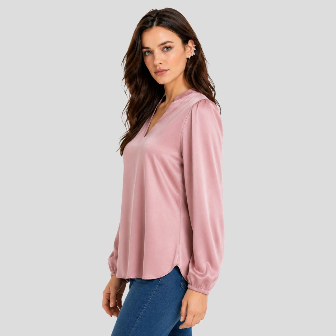 Artyska Women's Satin V-Neck Long Sleeve Blouse with Stand Collar