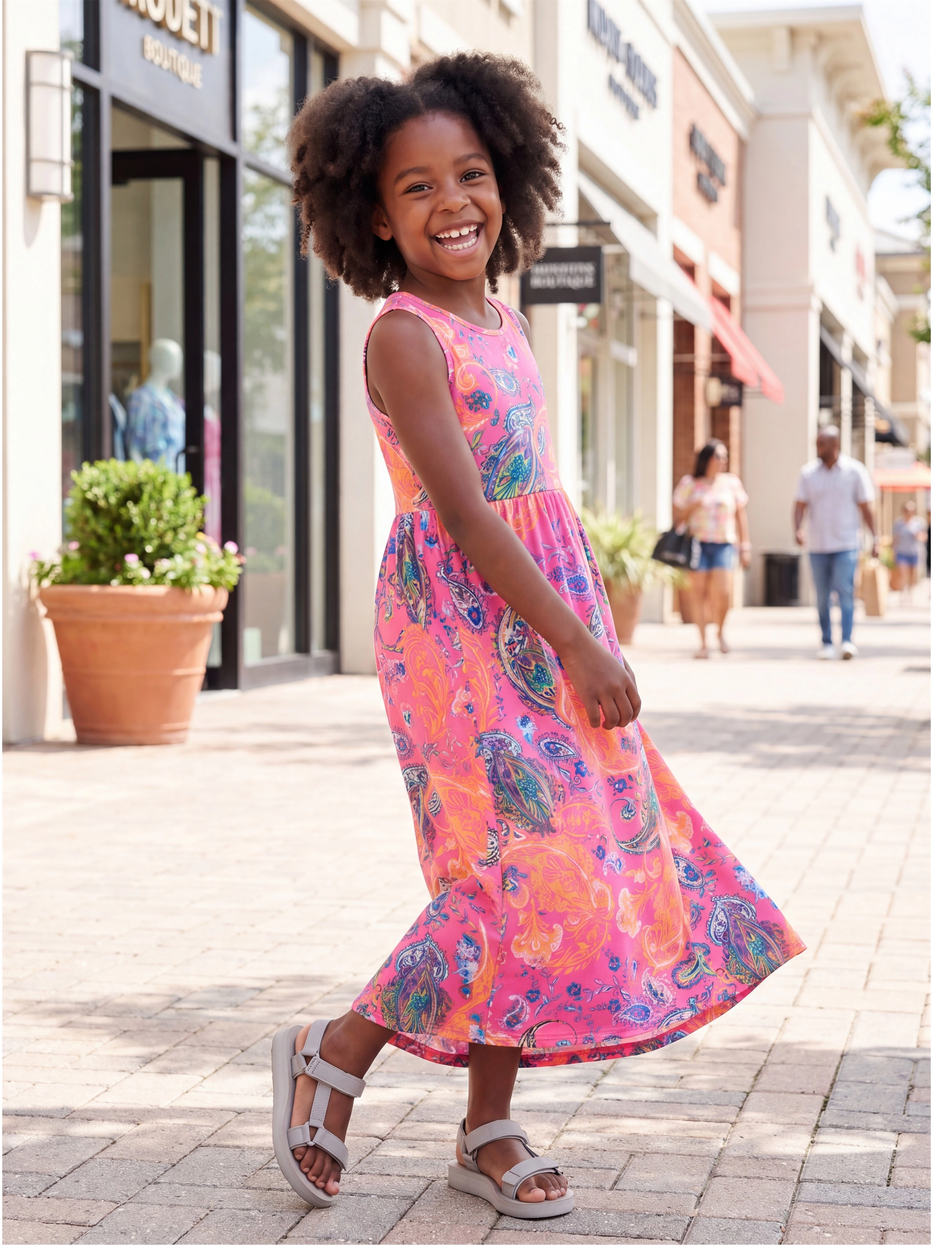 24sevenKid Essential Girls Pink Paisley Print Sleeveless Maxi Pocket Dress