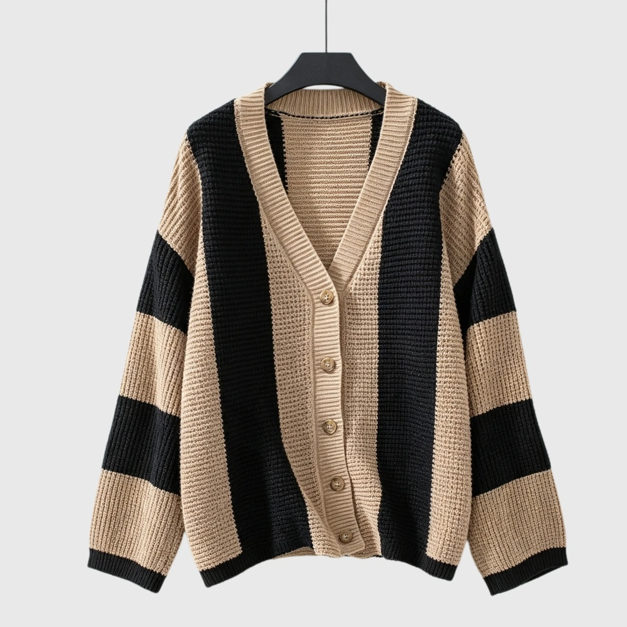 YesFashion Women's Striped Open Front Cardigan V Neck Button Up Long Sleeve Color Block Sweaters