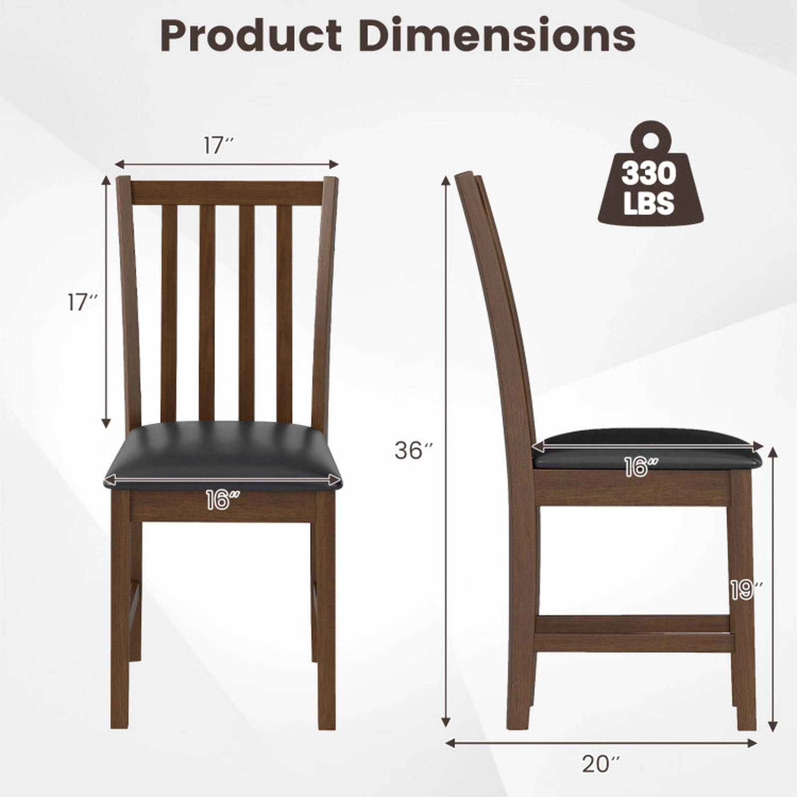 SUGIFT Rubber Wood Dining Chair Set of 2 with Padded PVC Leather Seat 330-lb Capacity Brown+Black