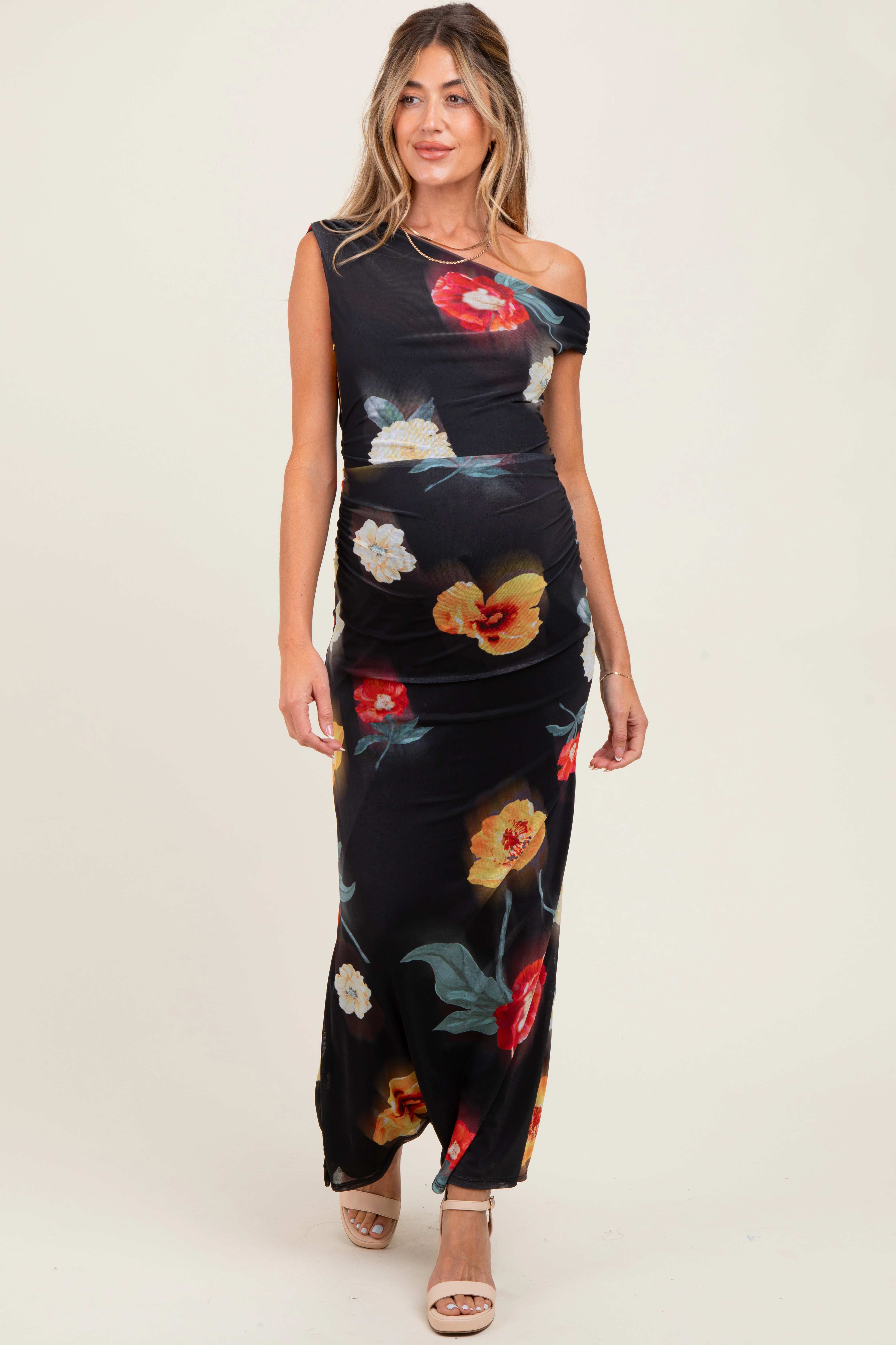 PinkBlush Womens Black Mesh Floral One Shoulder Maternity Maxi Dress