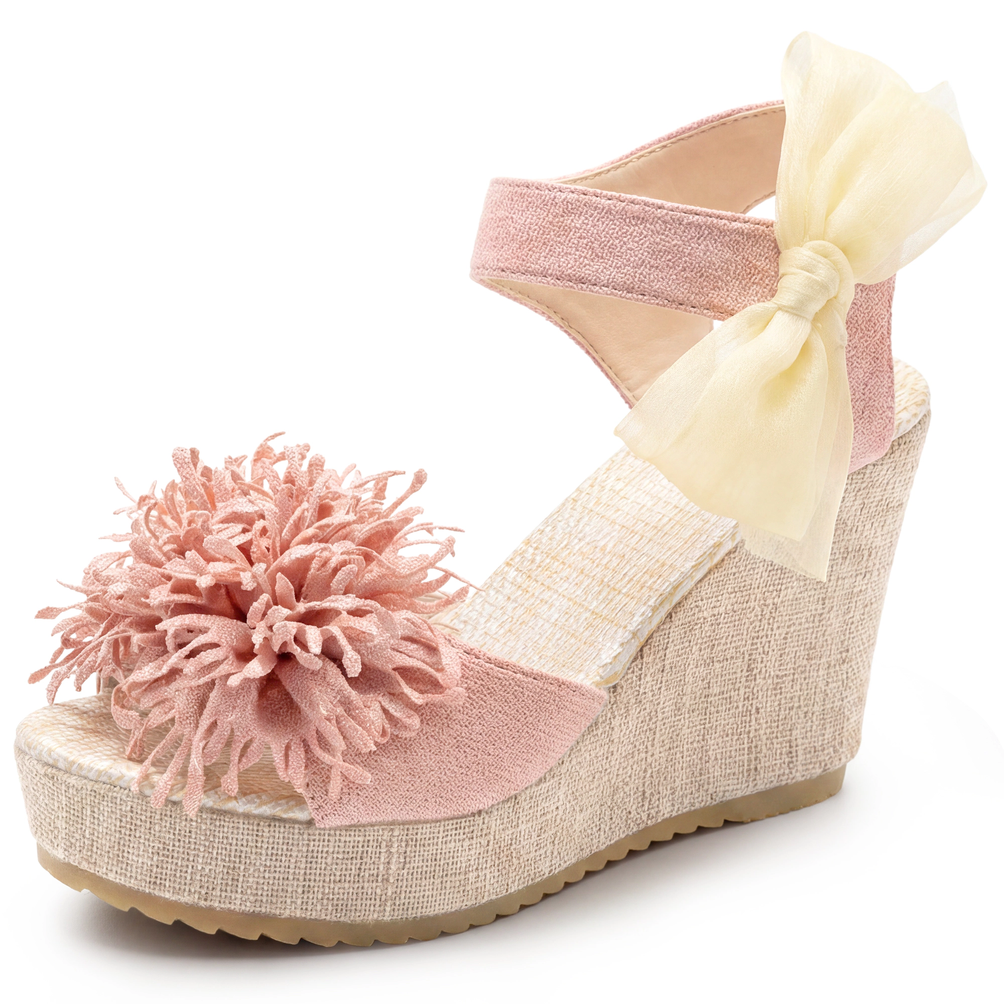 BLISSFUL STEP Women's Faux Leather Floral Bow Peep-toe Platform Wedge Sandals