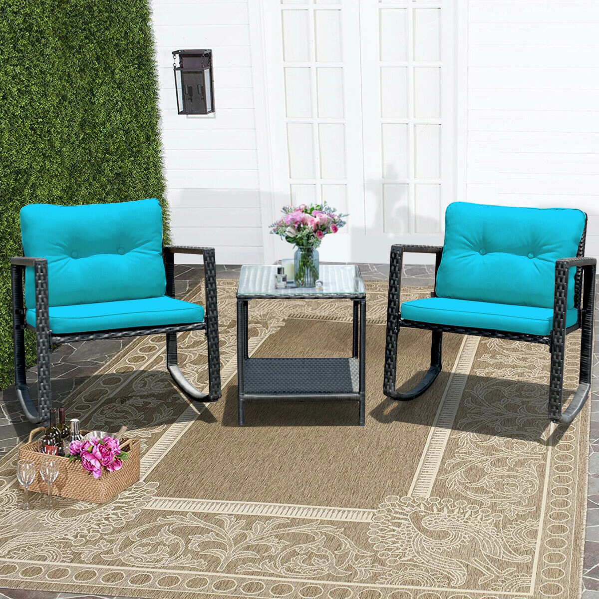 LJG 3 Pcs Wicker Rocking Bistro Set with Glass Coffee Table and Storage Shelf