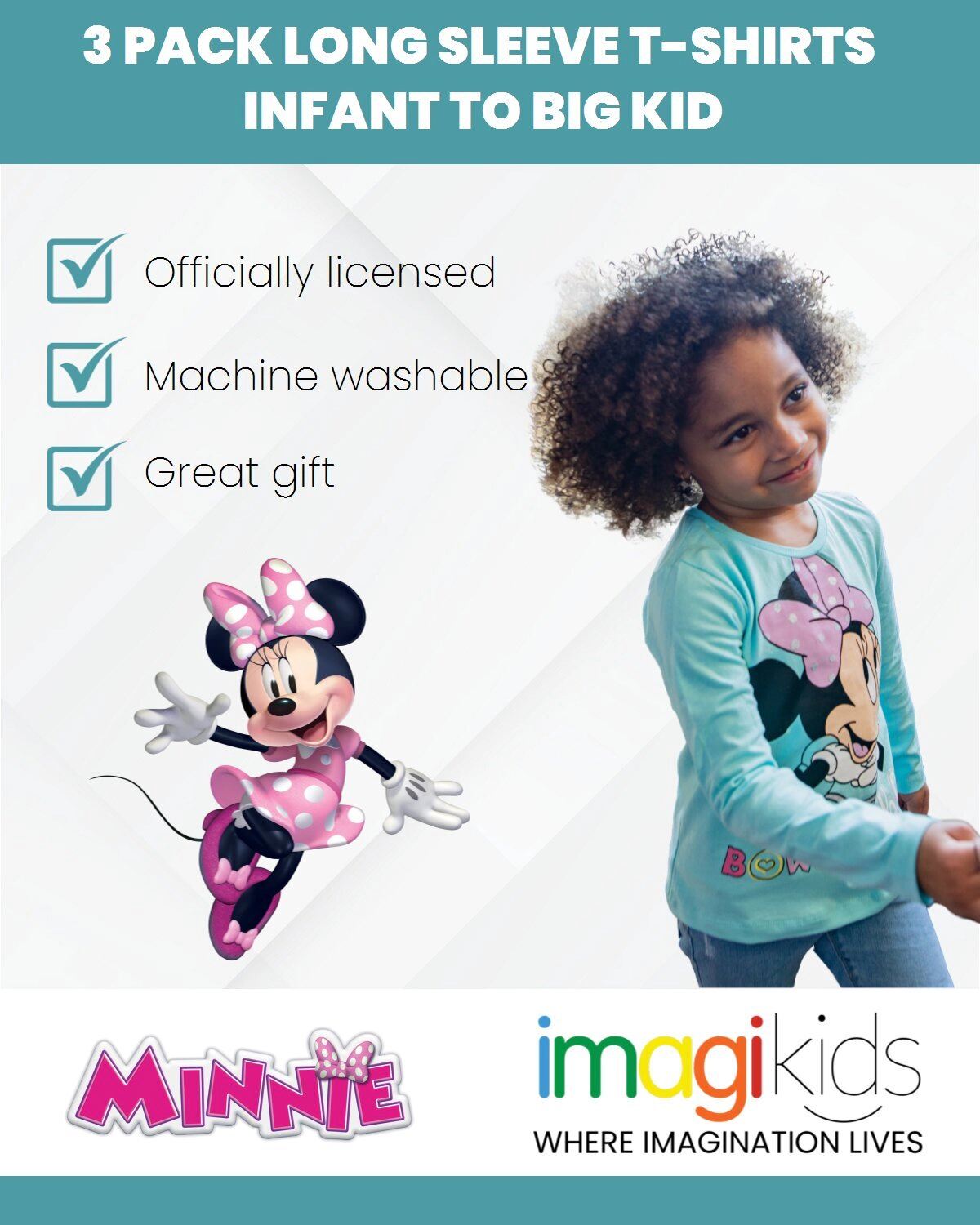 Disney Minnie Mouse Girls' 3-Pack Glitter Long Sleeve Tees