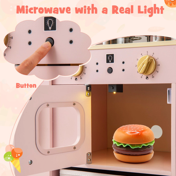 SUGIFT Pink Chalkboard Ice Maker and Lighted Microwave Wooden Kids Kitchen Playset