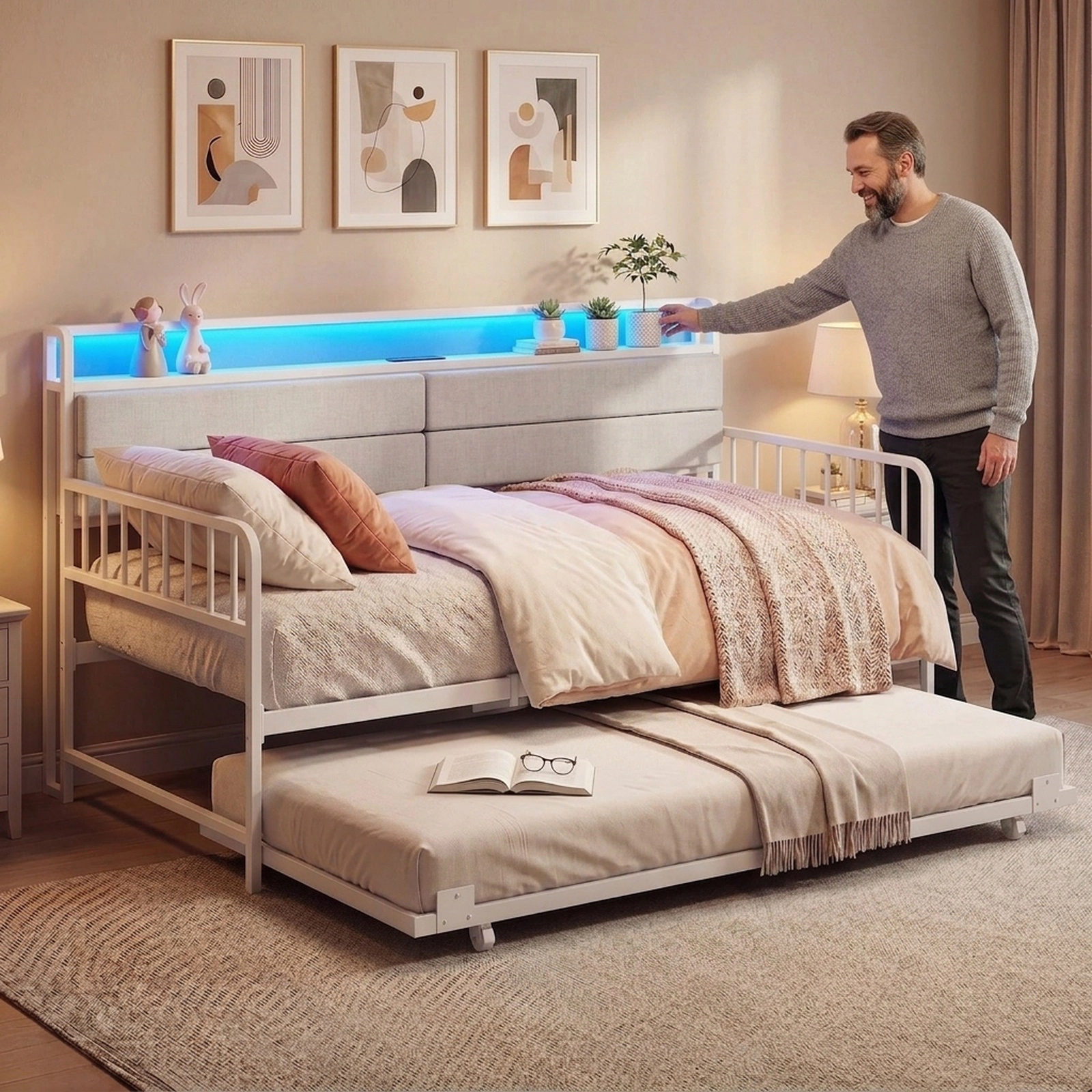 SUGIFT Twin Metal Daybed with Trundle, Charging Station and LED Lights, White