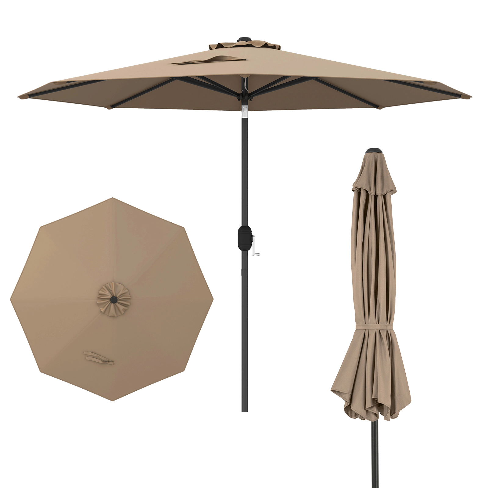 SUGIFT 9 ft Outdoor Market Patio Table Umbrella with Push Button Tilt & Crank Lift 12-lb Net Weight 8-Rib Iron Frame Tan