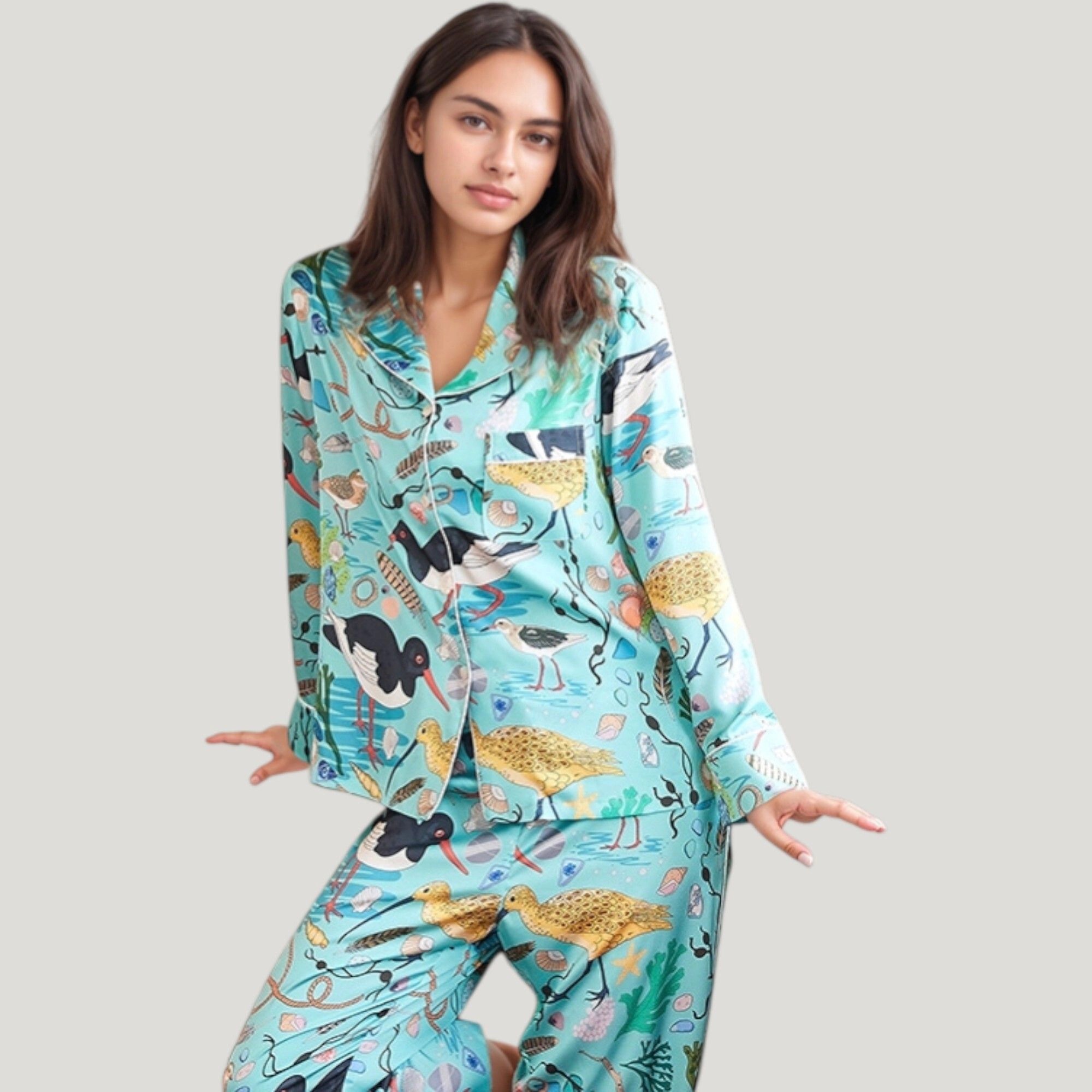 Anna-Kaci Women's Tropical Bird Print Pajama Set Long Sleeve Notch Collar Button Down Top and Relaxed Silky Woven Pants