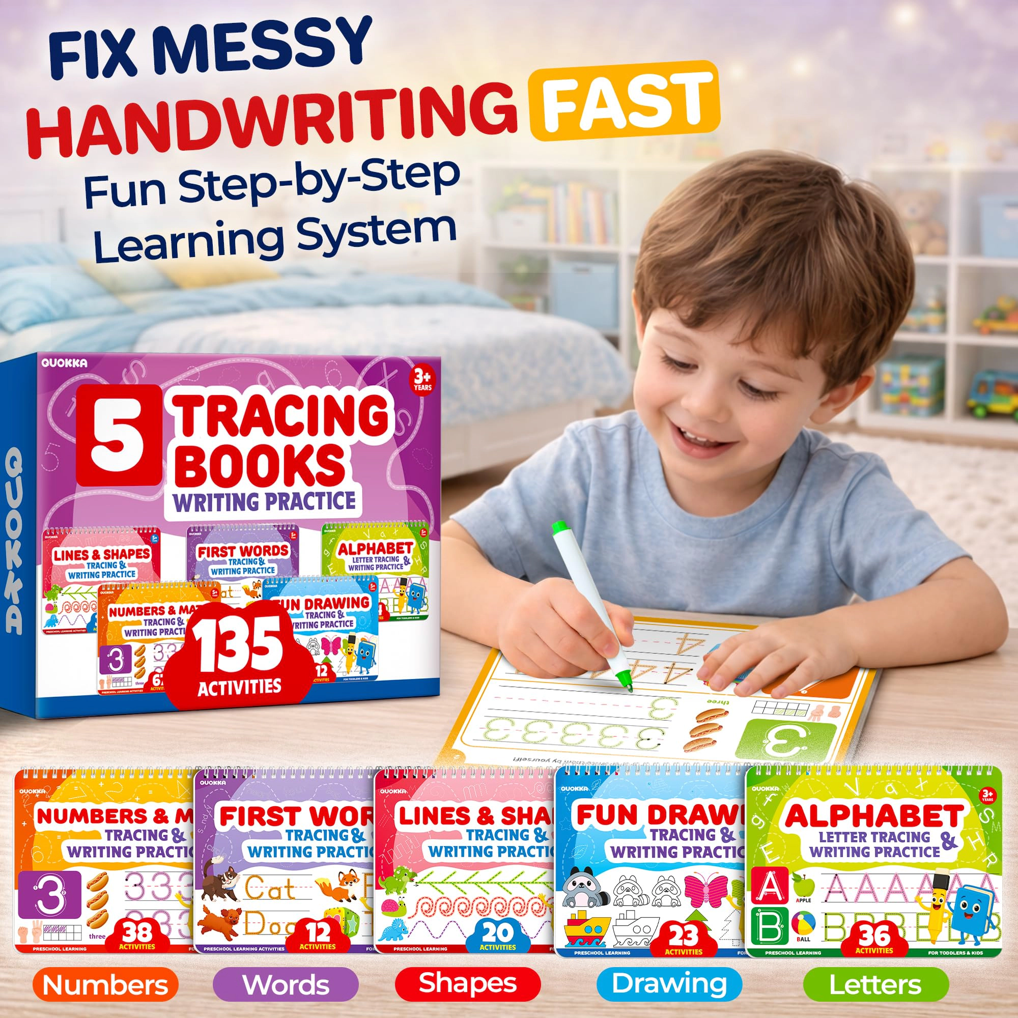 QUOKKA Kids Tracing Activity Books Set with Dry-Erase Pages and Markers